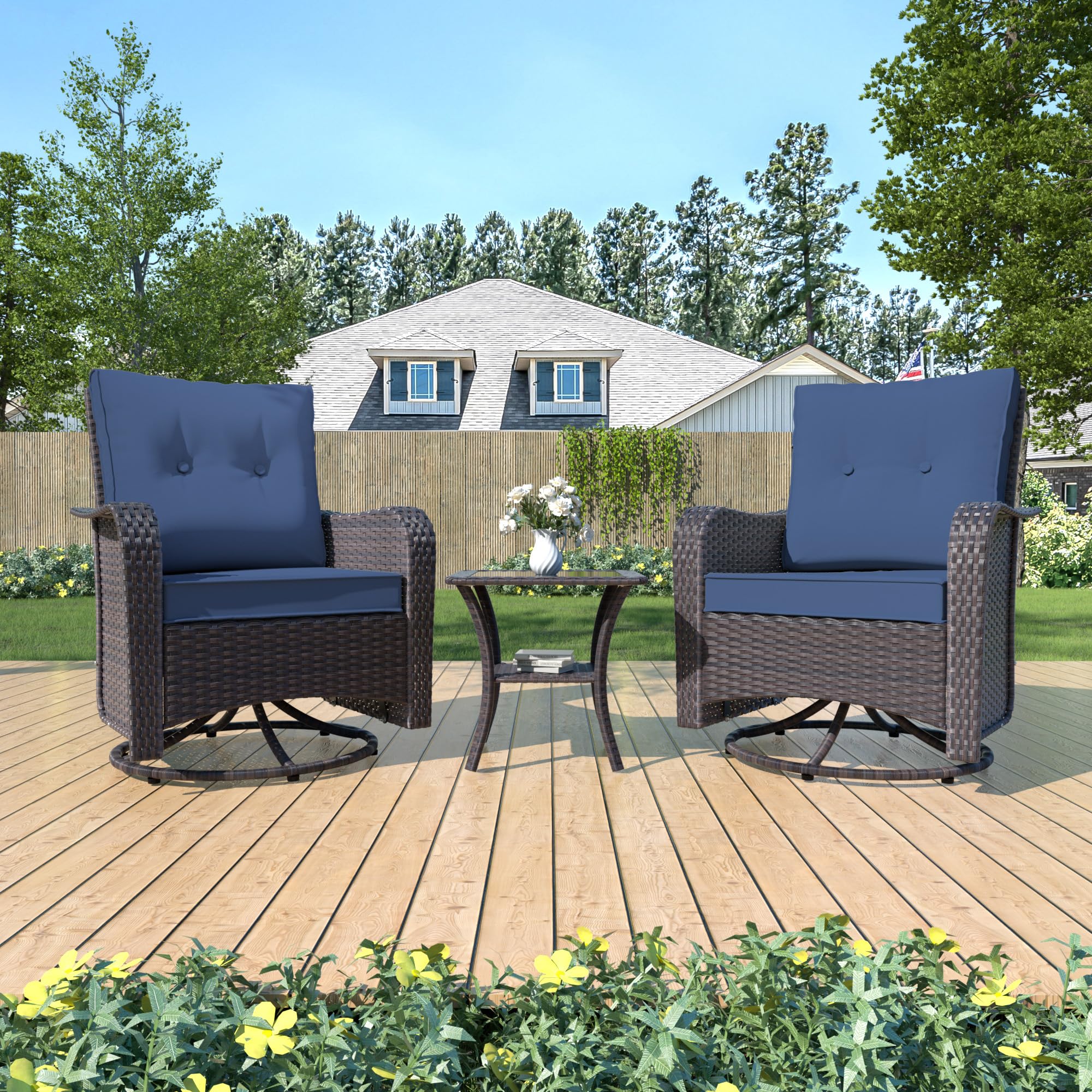 Kurapika 3-Piece Patio Furniture Set - Outdoor Swivel Glider Rocker, Wicker Bistro Set with Rattan Rocking Chair, Tempered Glass Side Table & Thick Cushions (Navy Blue) - Perfect for Garden, Balcony, Backyard & Poolside Relaxation