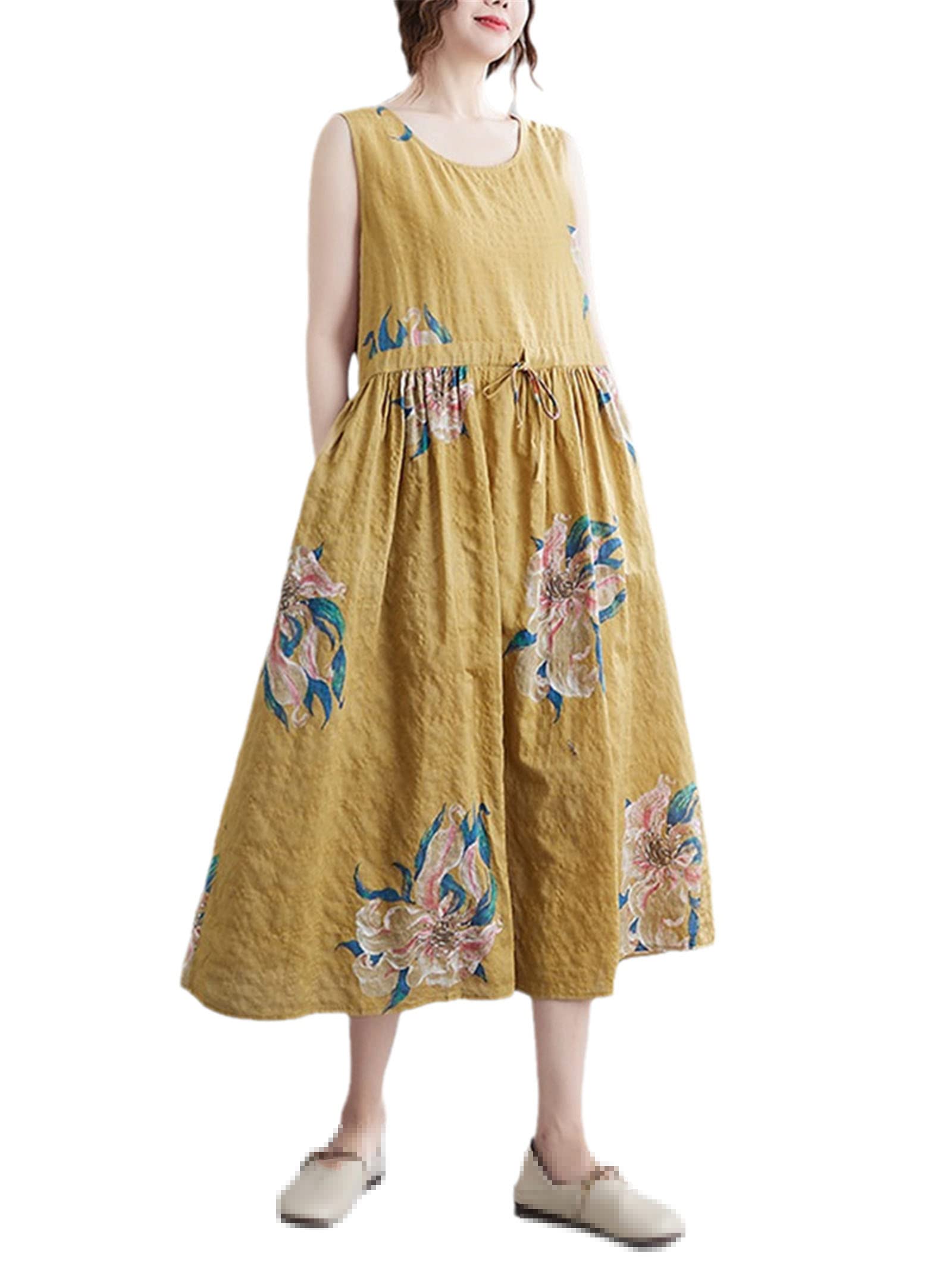 Women's Vintage Floral Sleeveless Cotton Linen Dress - Casual Loose Long Summer Dress with Adjustable Straps | Perfect for Beach Vacations, Garden Parties & Boho Style Outfits
