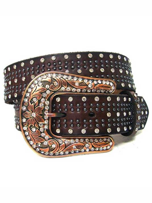 Nocona Women's Leather Studded Crystal Western Belt - Brown | Stylish Cowgirl Accessory for Jeans, Dresses & Western Outfits