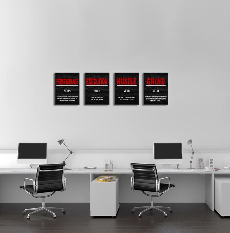 Grind Hustle Execution Motivational Canvas Print - Black & Red Office Wall Art for Men & Women - Inspirational Workplace Decor for Home Office, Business, or Gym - Framed Success Wall Art for Entrepreneurs & Professionals