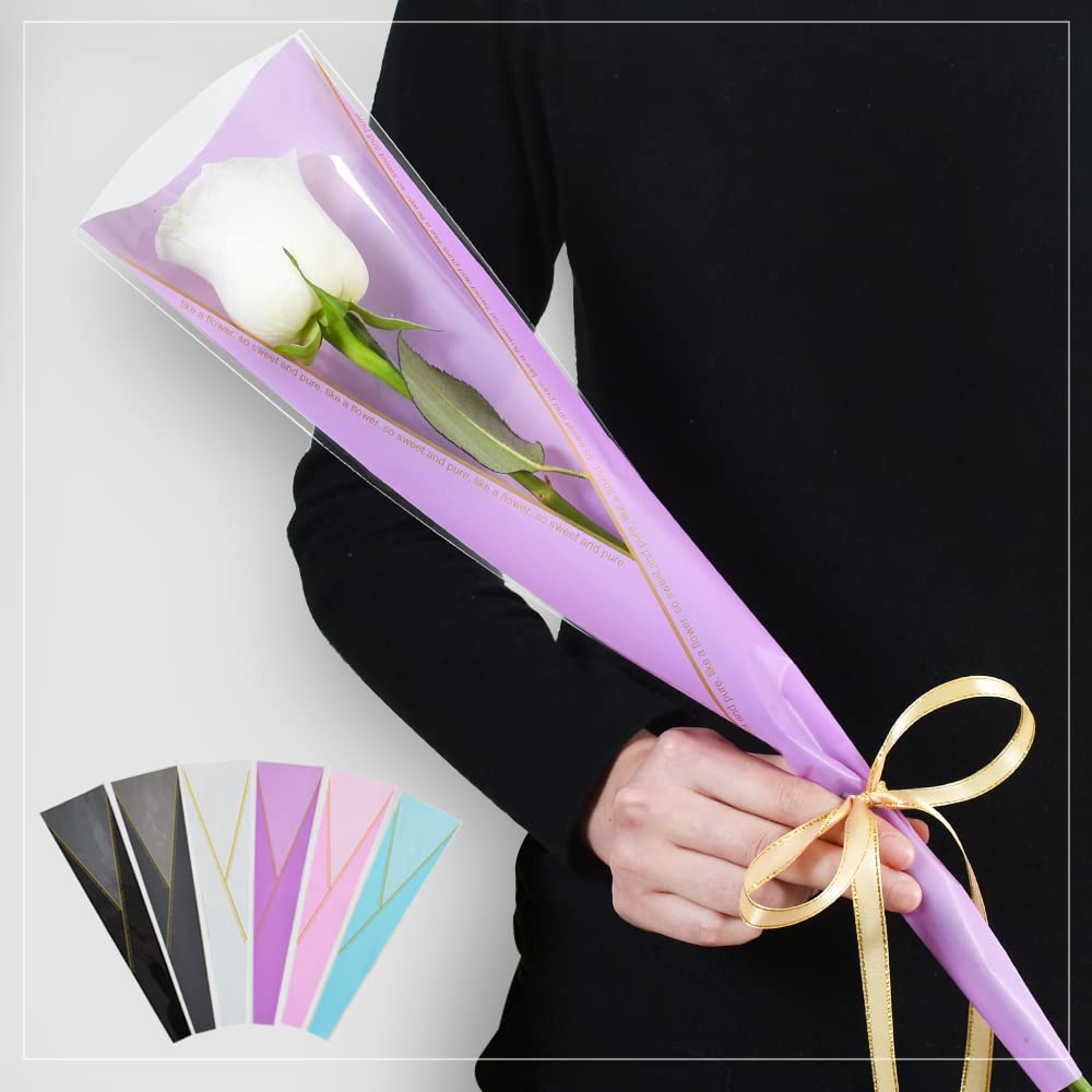 BEISHIDA 100 PCS Purple & Gold Letter Plastic Flower Sleeves - Single Rose Wrapping Sleeves for Florist Bouquet Supplies, Valentine's Day, Mother's Day Gifts - Perfect for Wedding Decor, DIY Floral Arrangements & Gift Packaging