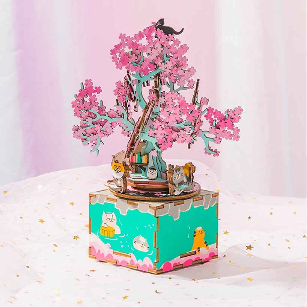 3D Wooden Music Box DIY Puzzle Kit - Rotating Cherry Blossom Tree Model Building Craft for Teens & Adults 14+ | Unique Gift for Birthday, Home Decor, Relaxation & Stress Relief