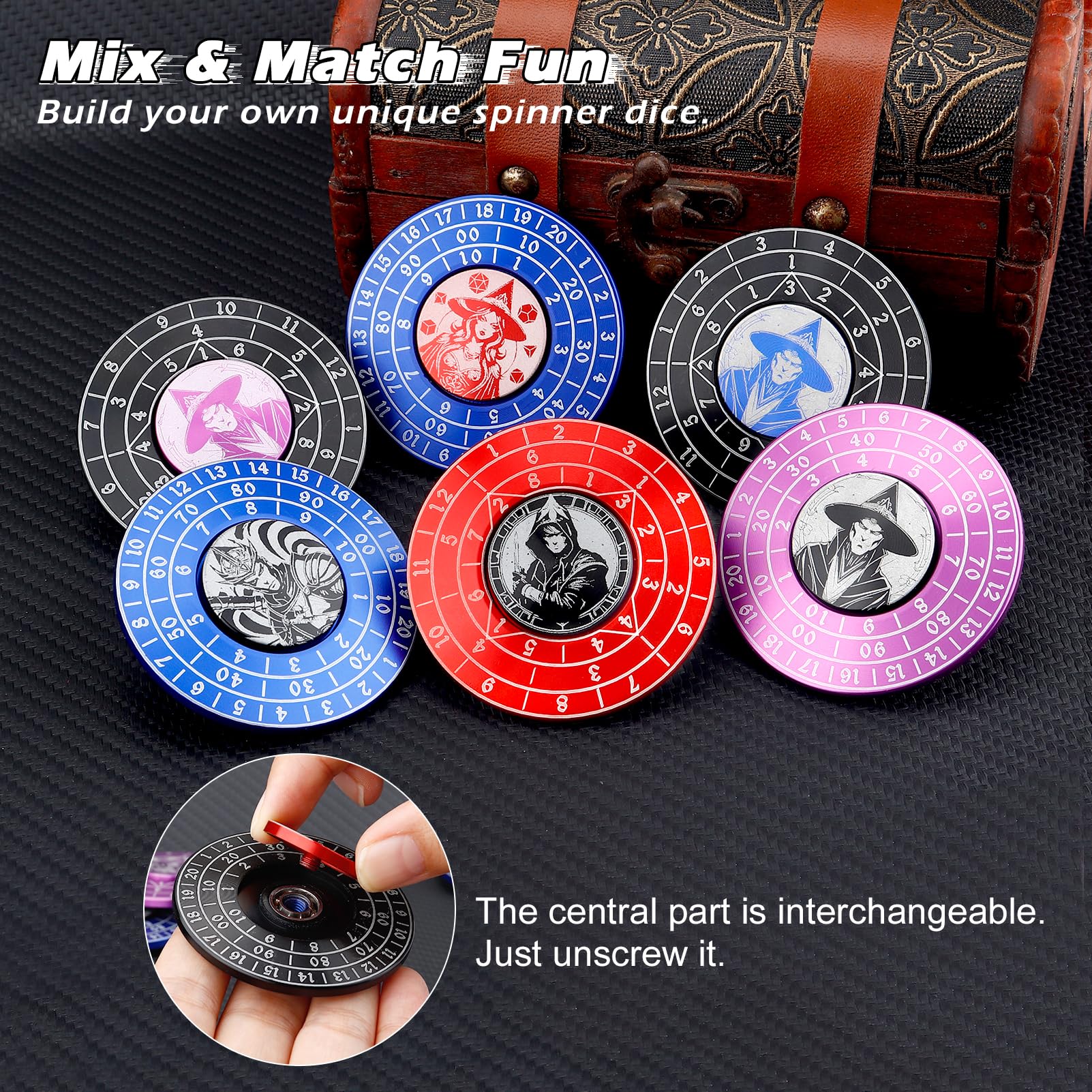 PJOY 7-in-1 Metal Spinner Dice Set for DND - Includes D4, D6, D8, D10, D%, D12 & D20 - Unique Spinning RPG Dice for Dungeons & Dragons Players - Perfect for Tabletop Gaming, Gifts & Stocking Stuffers