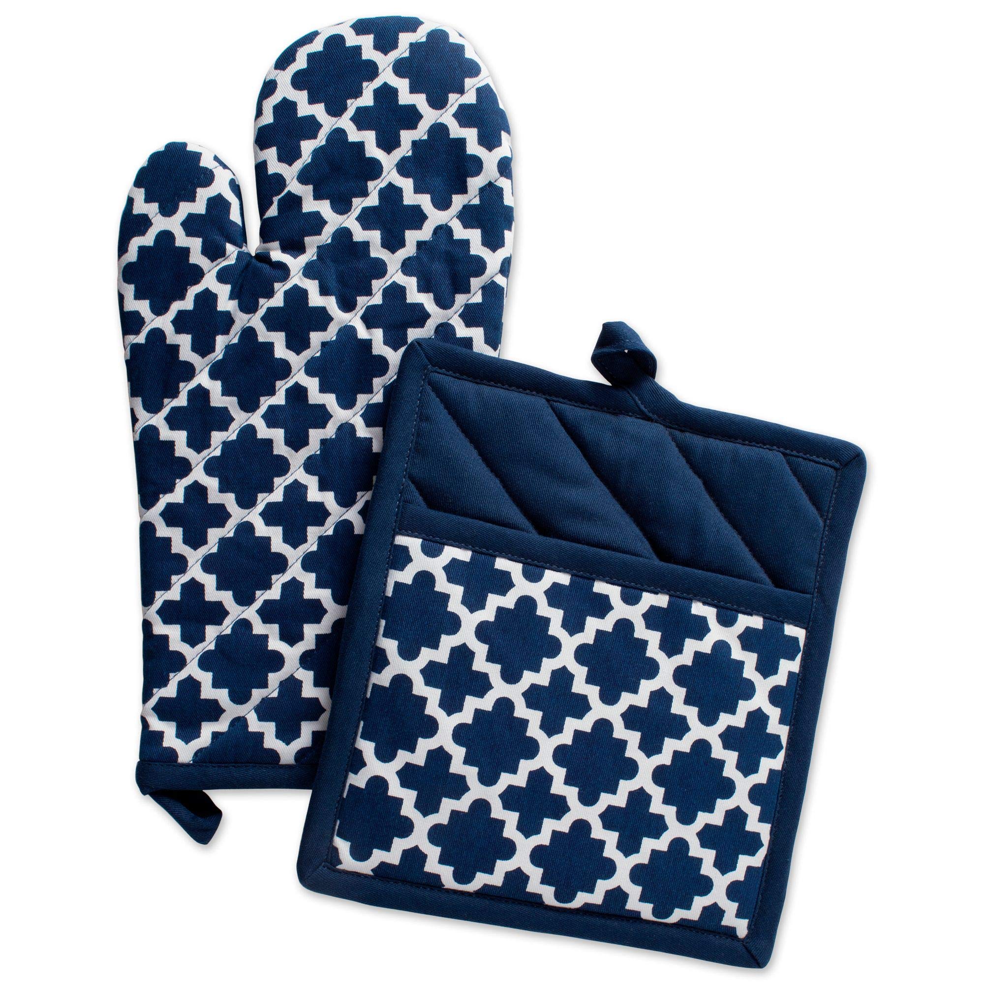 Set of 2 Nautical Blue Oven Mitts and Potholders - 13 Inch Heat Resistant Kitchen Gloves for Baking, Cooking & Grilling - Perfect for Home Kitchen & BBQ
