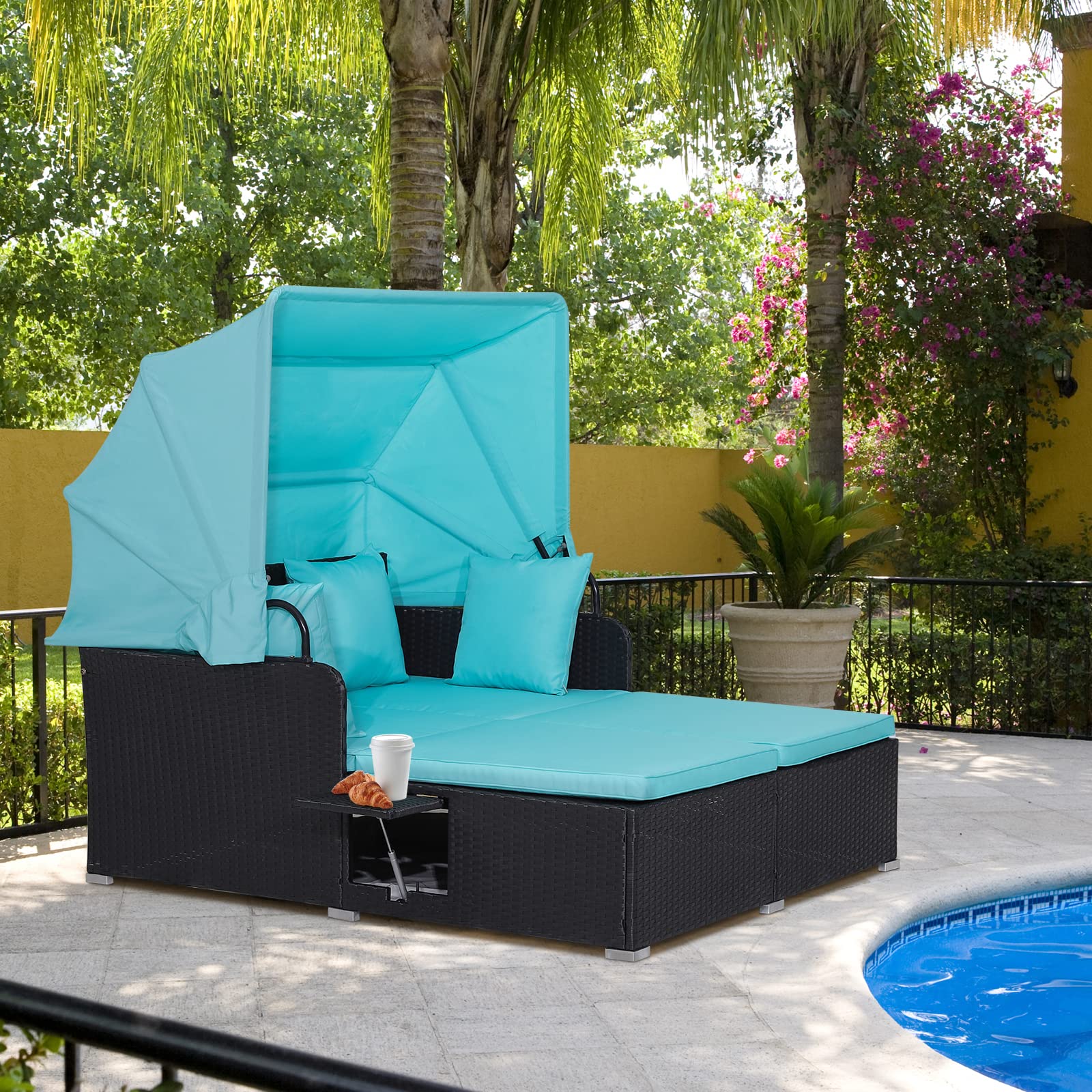 RELAX4LIFE Outdoor Patio Daybed with Canopy - Rattan Wicker Sunbed with Cushions, 4 Pillows & 2 Retractable Side Trays - 2-Person Lounge Bed for Poolside, Porch, Garden, Backyard - Perfect for Sunbathing and Relaxing (Turquoise)