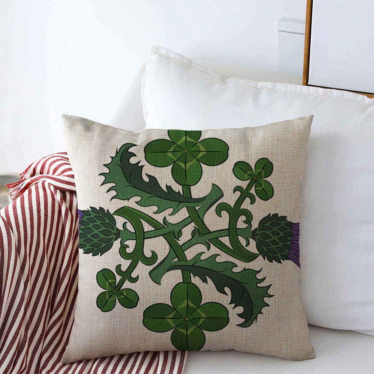 18x18 Inch Green Floral Throw Pillow Cover - Thistle Clover Shamrock Design, Cotton Linen Blend Cushion Case for Sofa, Bed, Living Room - Perfect for Fall Home Decor, Irish & Scottish Inspired Nature Theme
