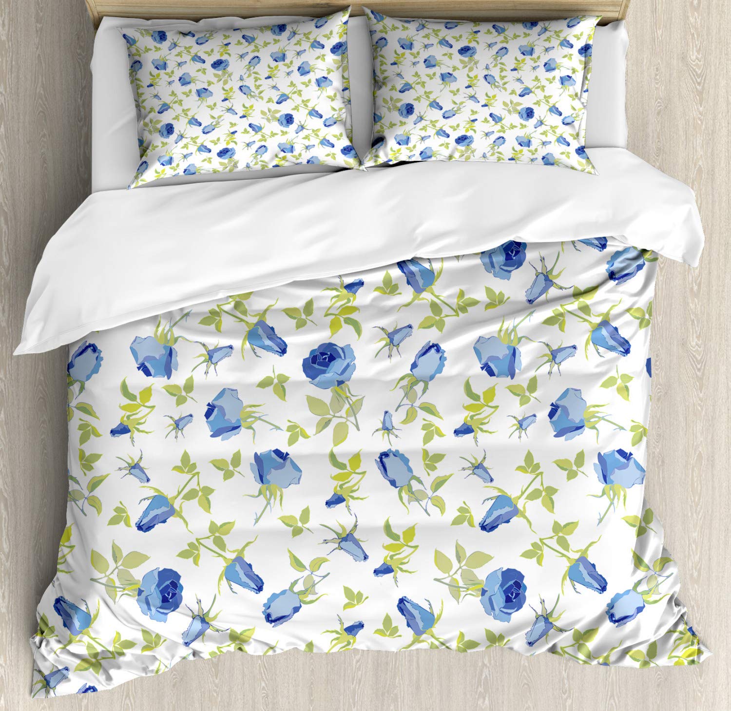 Ambesonne Green Floral Duvet Cover Set - Abstract Rose Design King Size Bedding (2 Duvet Covers + 4 Pillowcases) | Romantic Valentine's Day Inspired Blue Pale Green White | Perfect for Master Bedroom, Guest Room & Cozy Home Decor