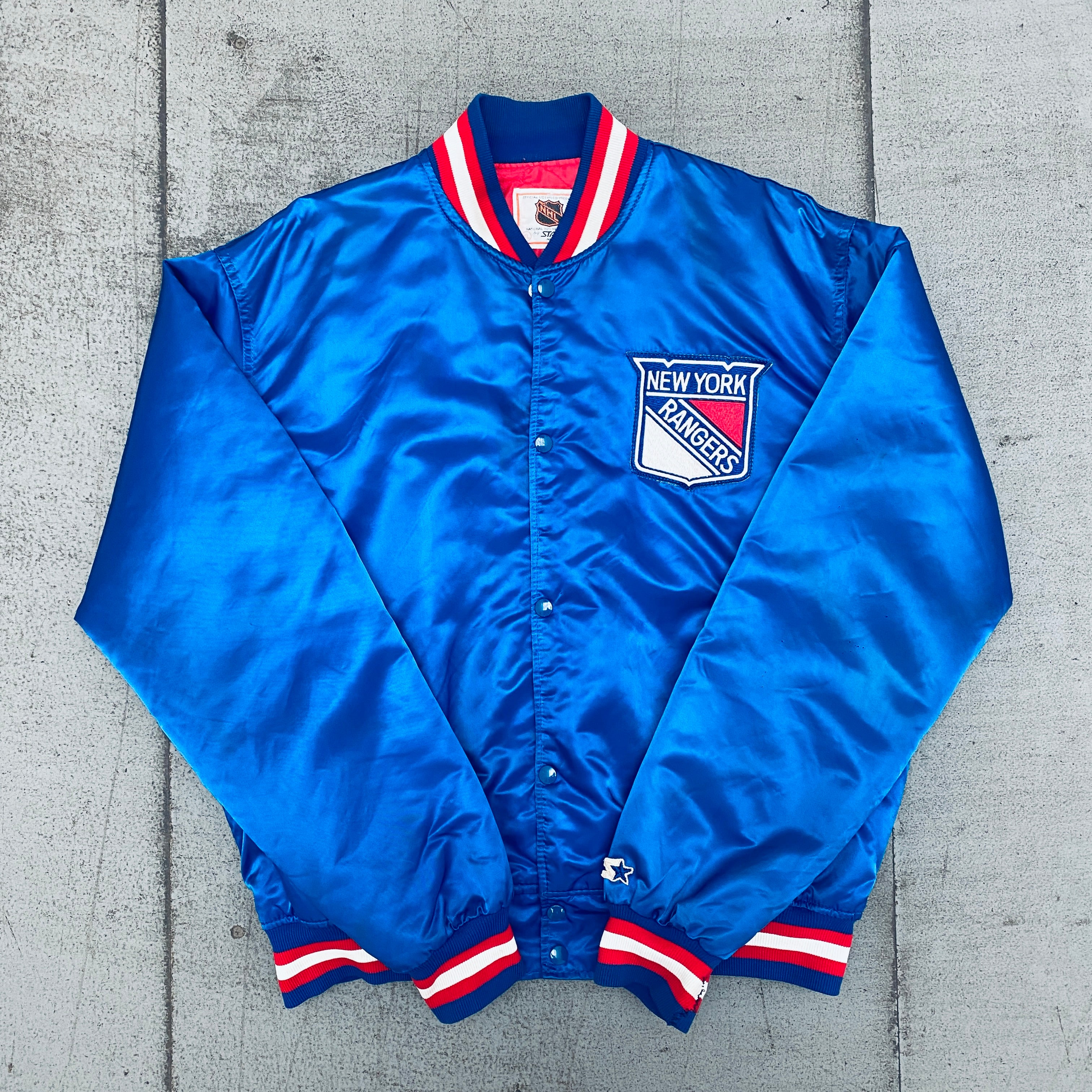 Vintage 1980s New York Rangers Satin Starter Bomber Jacket - XL Size | NHL Hockey Fan Apparel for Men, Retro Sports Outerwear for Game Day & Casual Wear