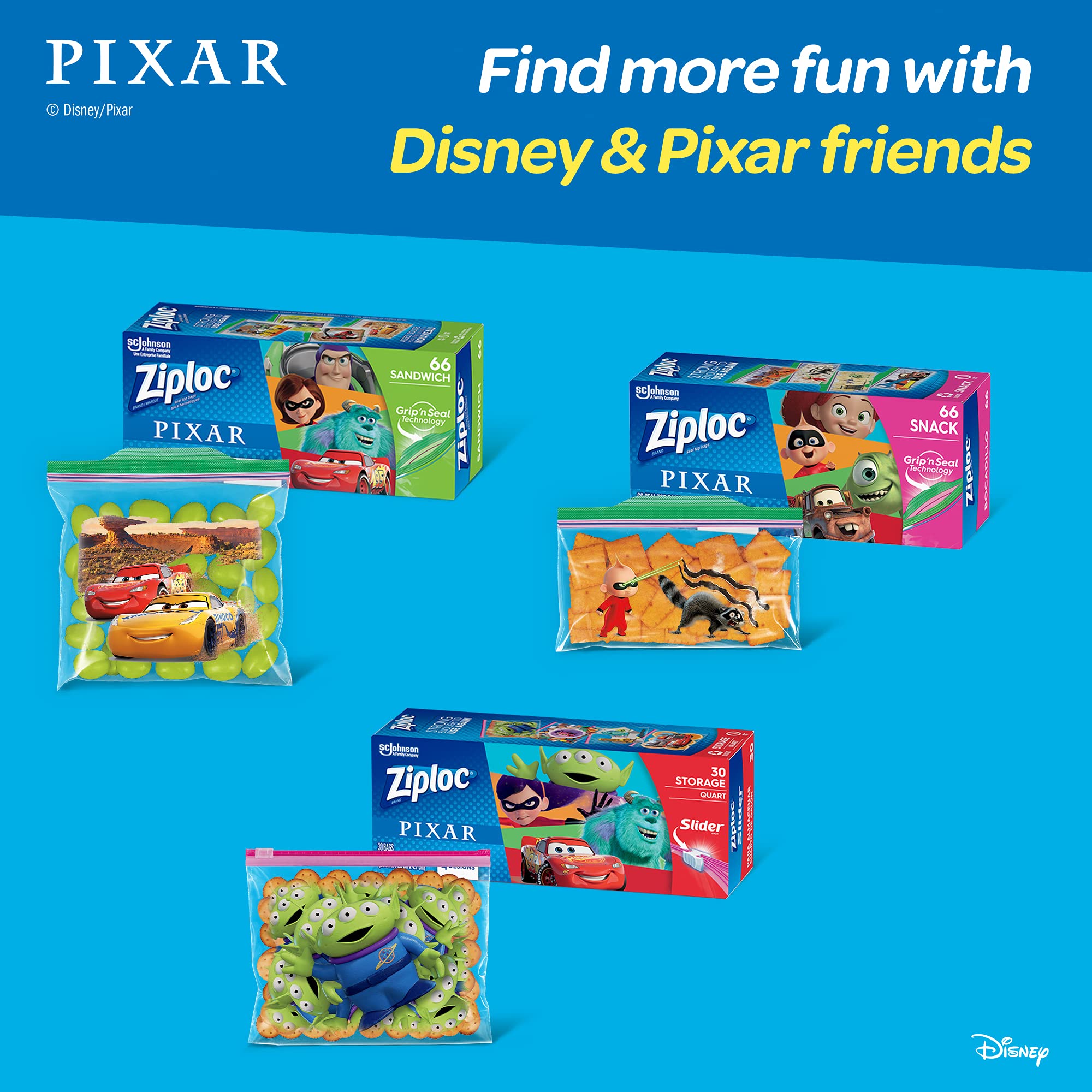 Pixar Themed Ziploc Sandwich Bags - 66 Count Plastic Storage Bags with Grip 'N Seal Technology for Lunches, Snacks & Food Storage - Perfect for School, Work & Picnics