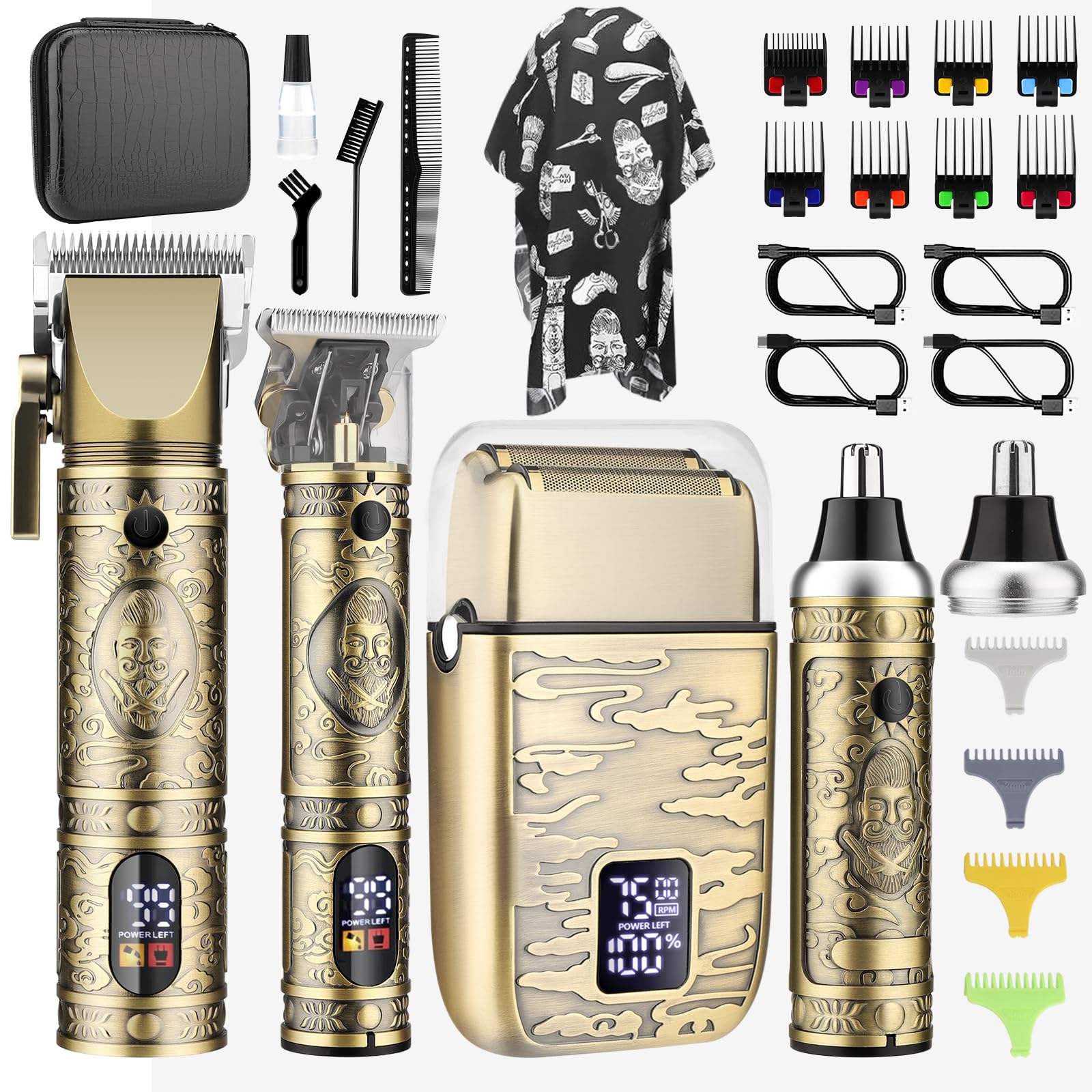 Professional Men's Hair Clippers & Trimmer Kit - T-Blade Nose Hair Trimmer, Zero Gap Haircutting Set with LCD Display (Bronze) | Perfect for Home Barbering, Beard Grooming & Personal Care