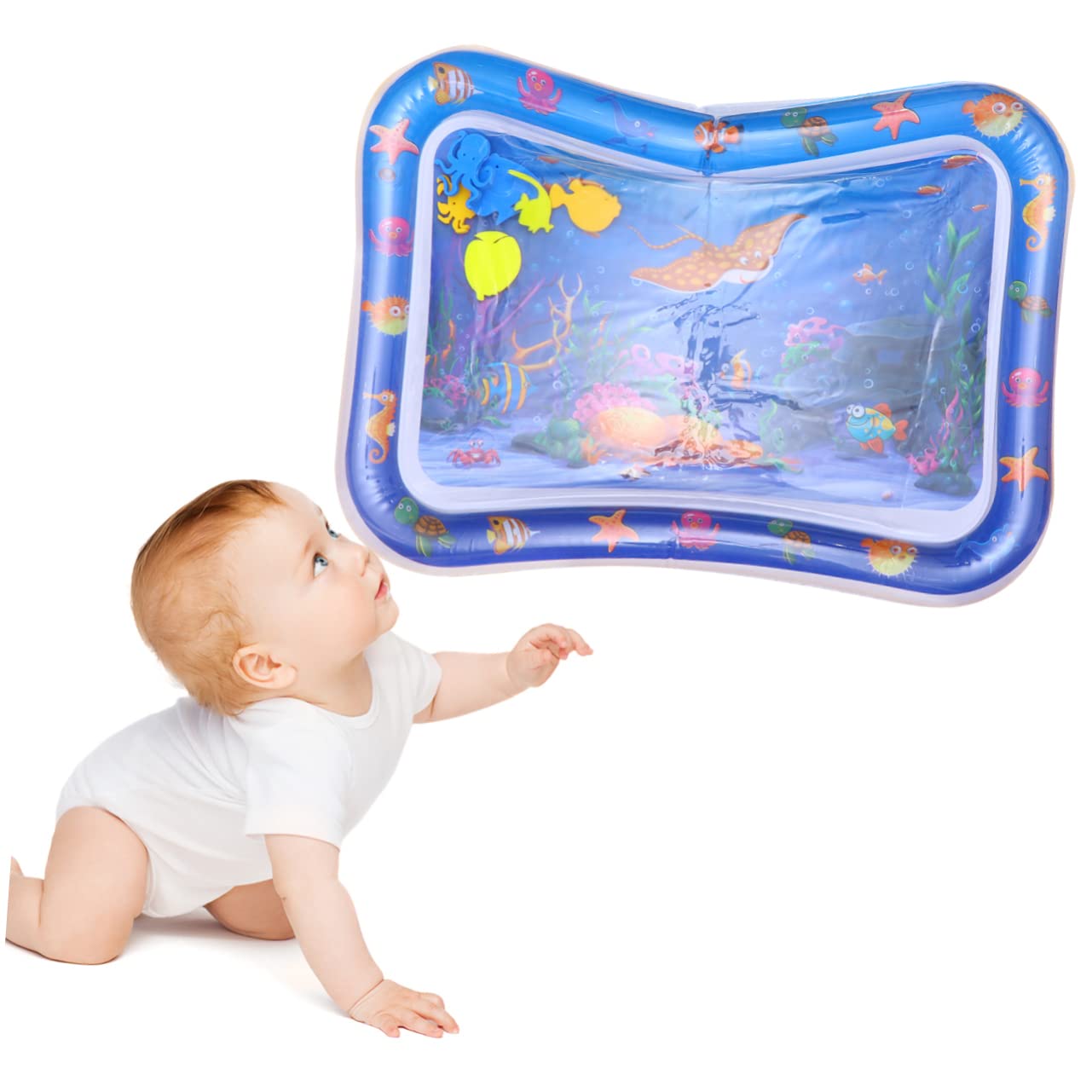 ANDRESLAD Inflatable Water Play Mat for Babies - Non-Toxic Crawling Water Cushion with Floating Toys, Sensory Activity Pad for Toddlers (Blue) - Perfect for Indoor/Outdoor Summer Fun, Pool Parties & Backyard Playtime