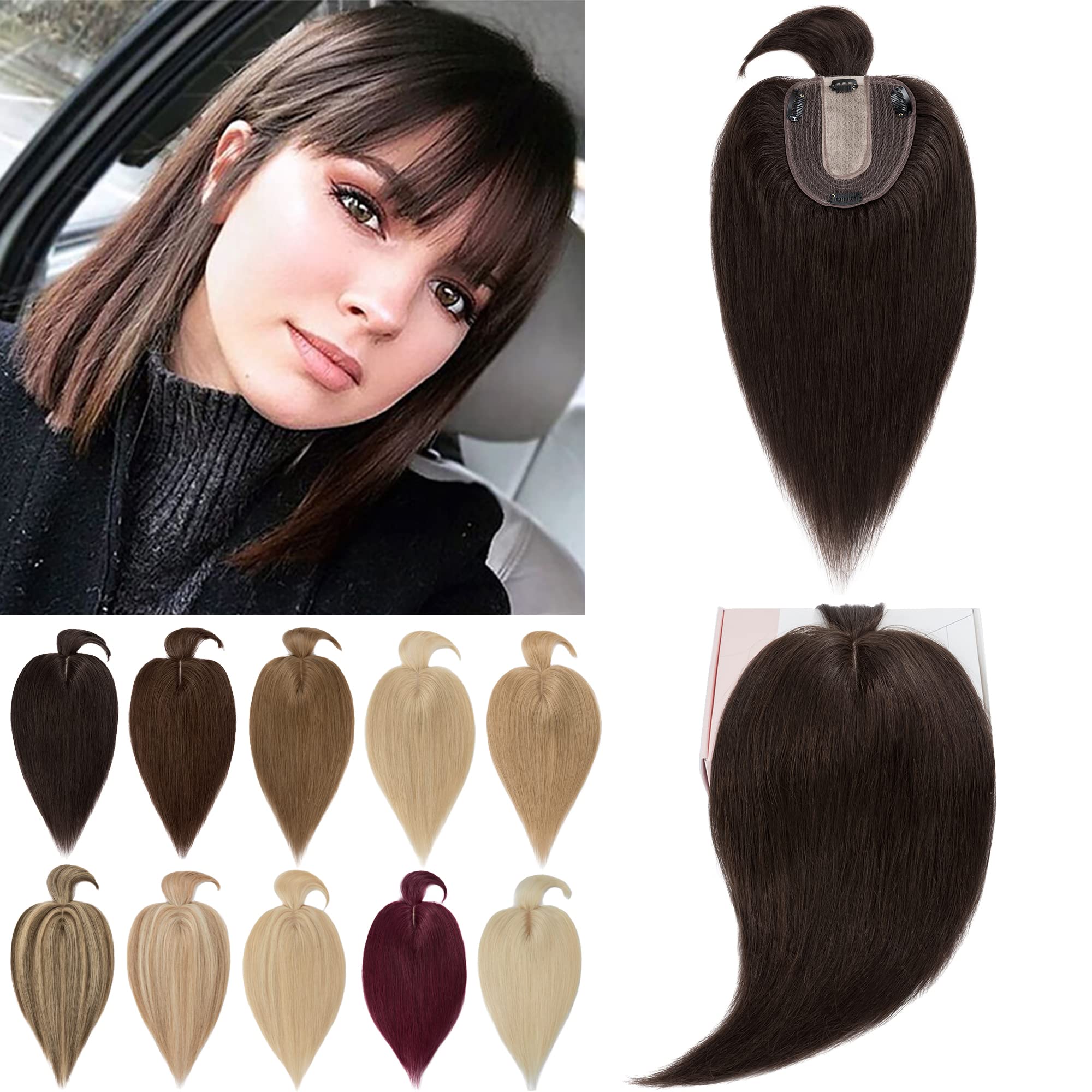 Premium 130% Density Human Hair Toppers with Bangs - Hand-Tied Silk Base Clip-In Hairpiece for Women with Thinning Hair | Hair Loss Solution & Gray Coverage | 14 Inch 45g Dark Brown | Perfect for Daily Wear, Special Occasions & Styling Versatility
