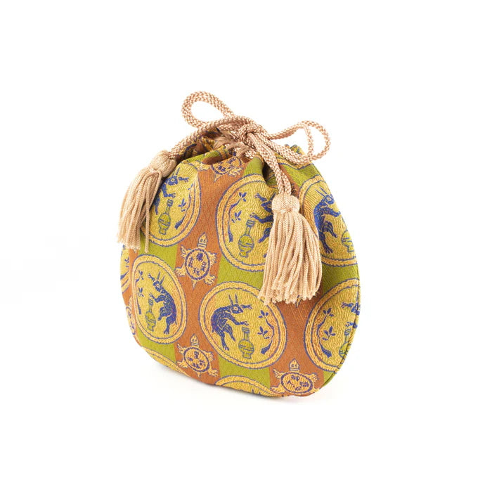 Handmade Kyoto Nishijin Silk Drawstring Pouch - Rabbit & Brown Japanese Traditional Craft Purse for Jewelry, Coins & Gifts | Elegant Cultural Accessory