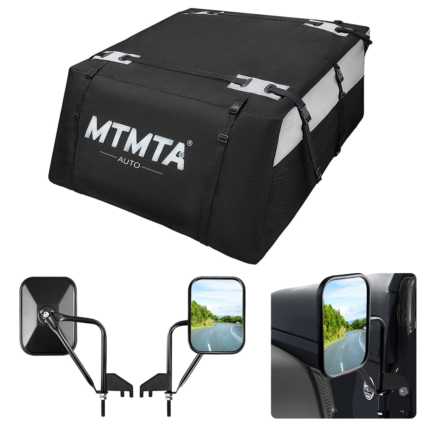 Jeep Wrangler JL Side Mirrors for Doors Off (2019-2021) & 19 Cu Ft Waterproof Roof Rack Cargo Carrier - Snow Protection & Tearproof Roof Bag for Off-Road Adventures & Camping Trips