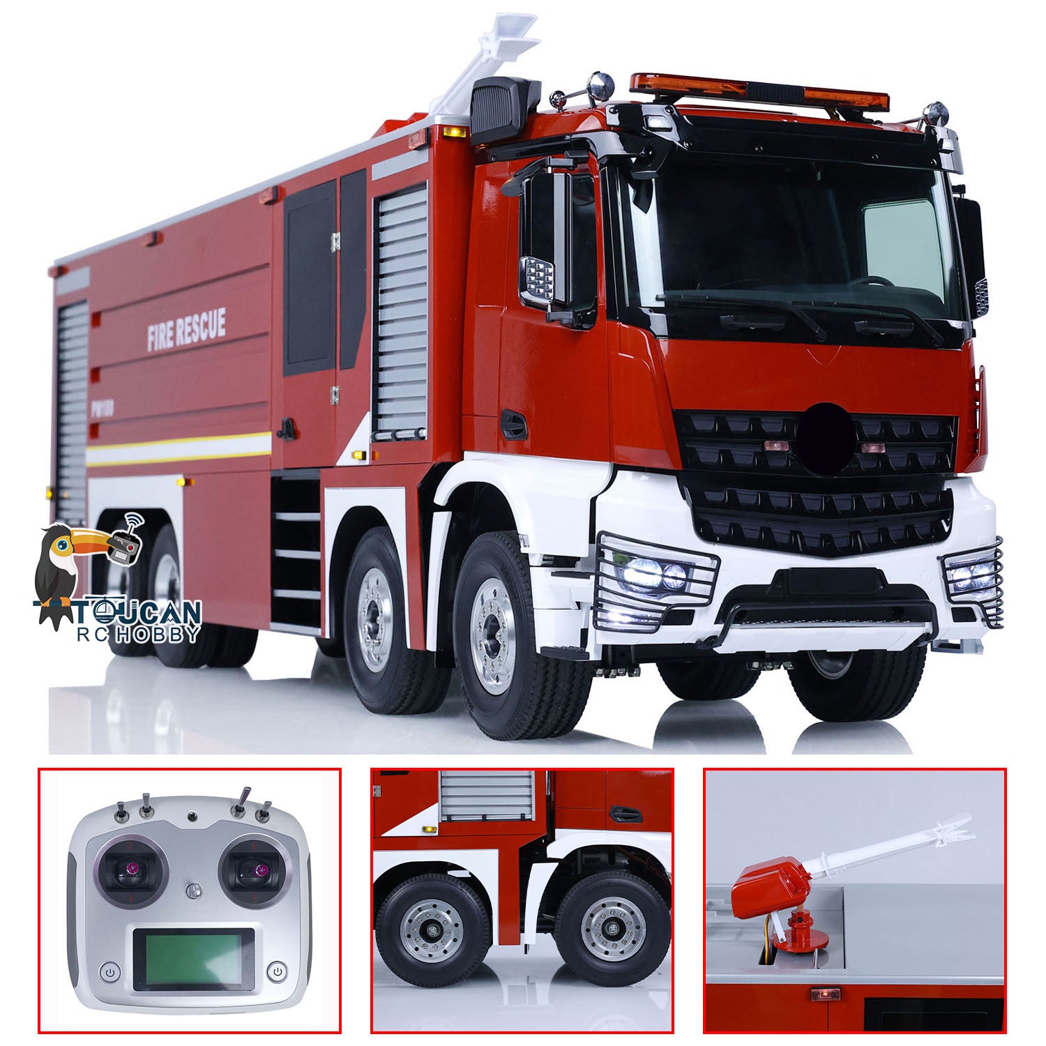 1/14 Scale 8x4 RC Fire Truck with Remote Control, Sprinkler System, Realistic Sounds & Painted Body - DIY Assembled Firefighting Toy for Kids & Adults - Perfect for Emergency Simulation & Playtime Scenarios