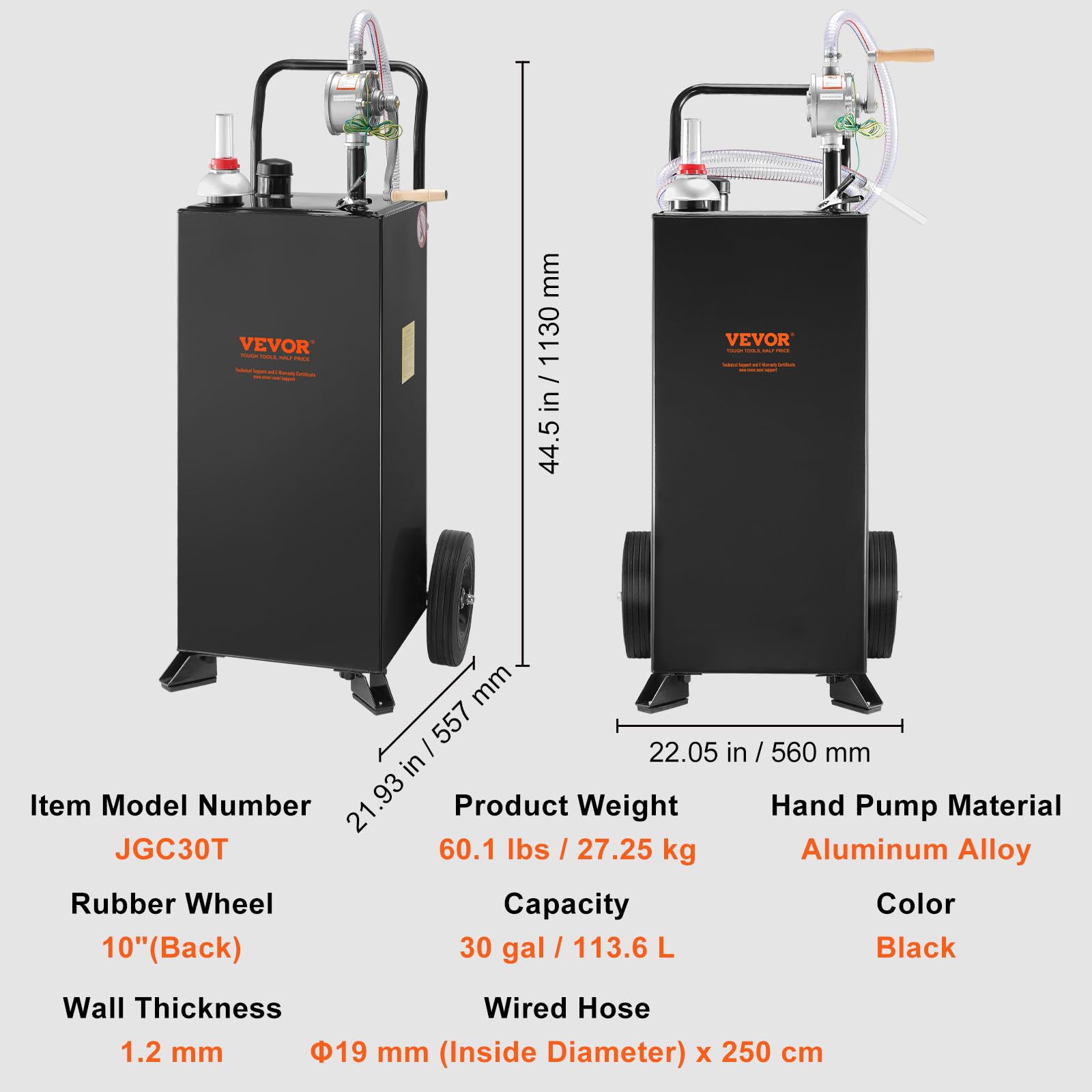 VEVOR 30 Gallon Portable Gas Caddy with Manual Pump - Heavy Duty Fuel Storage Tank for Gasoline & Diesel - 2-Wheel Design for Cars, ATVs, Lawn Mowers, Boats - Ideal for Garage, Farm & Outdoor Use