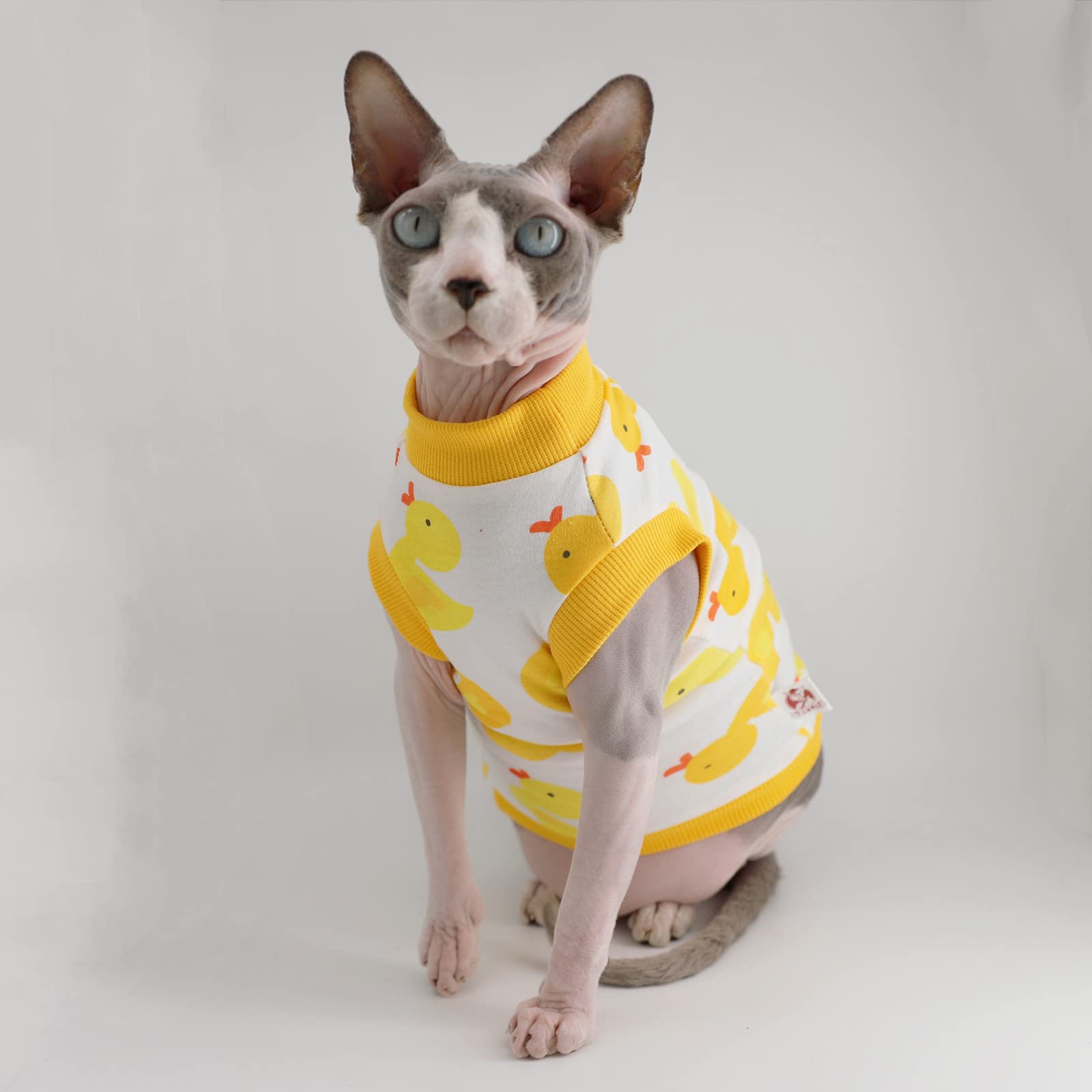 Breathable Sphynx Hairless Cat Summer Cotton T-Shirt - Round Neck Sleeveless Vest for Cats & Small Dogs (XX-Large, Yellow Ducks) | Perfect for Outdoor Adventures & Photo Shoots