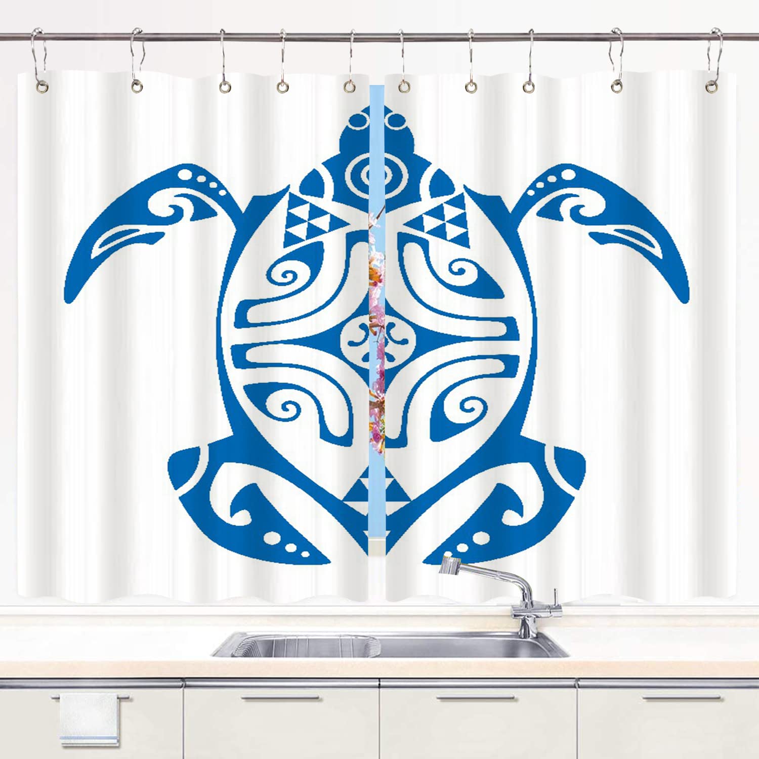 Waterproof Kitchen Curtains Set with Hooks - Turtle Hawaiian Design for Windows (55