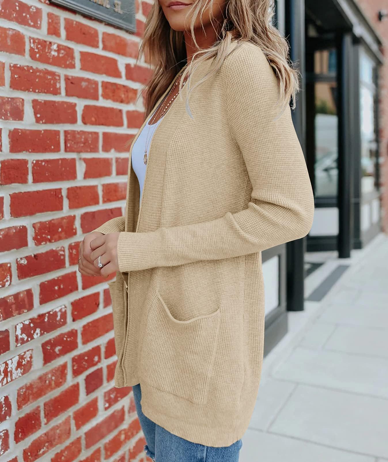 MEROKEETY Women's Open Front Waffle Knit Cardigan Long Sleeve Cozy Sweater with Pockets | Fall Winter Fashion 2025 | Casual Outfit, Office Wear & Lounge Comfort