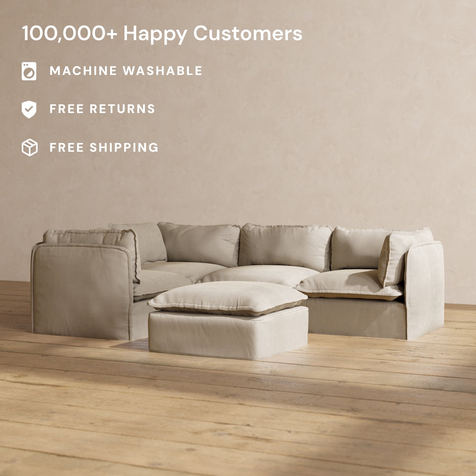 Modular Performance 4-Seater Corner Sectional Sofa with Ottoman in Dune Fabric | Relaxed Blend L-Shaped Couch for Living Room, Family Room & Lounge Areas