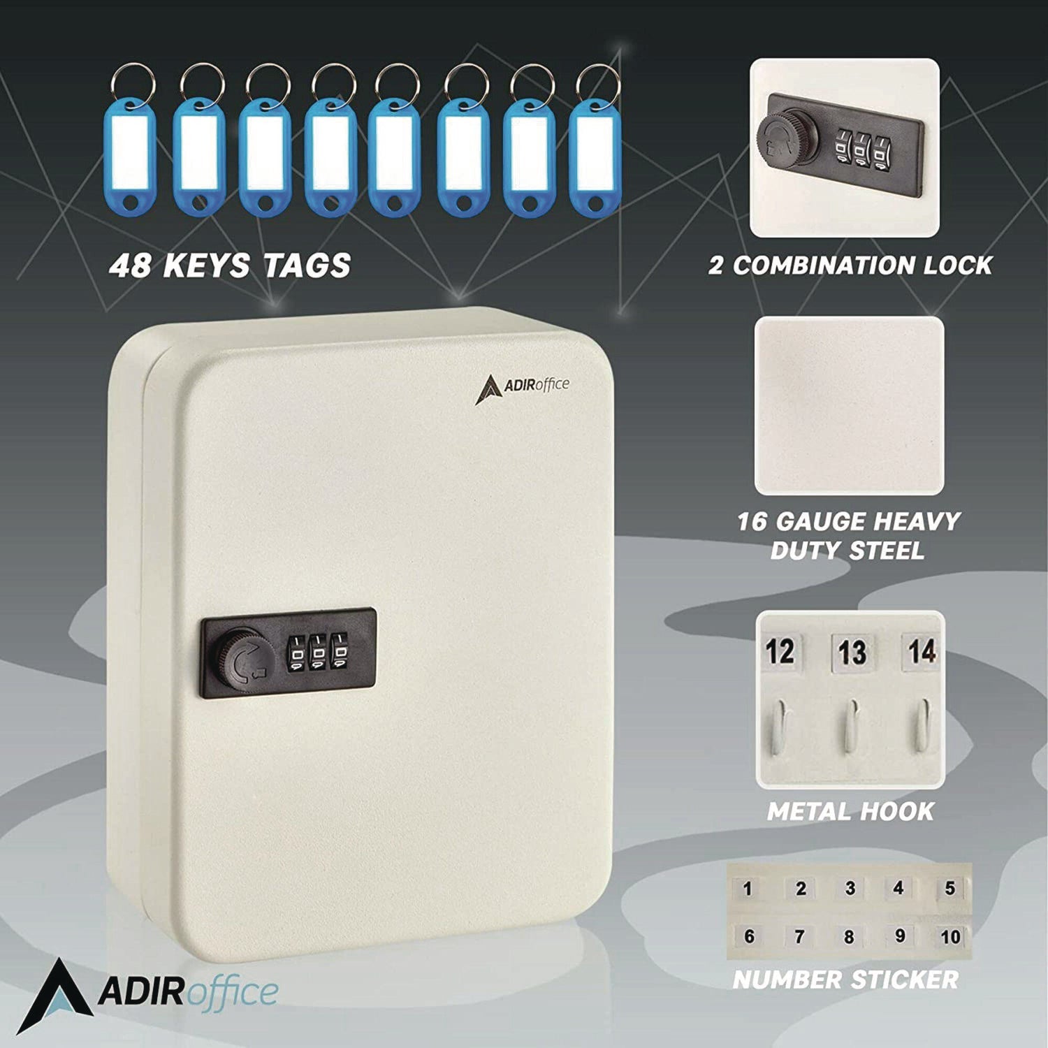 AdirOffice Heavy Duty Steel Key Cabinet with Combination Lock - 30 Key Capacity, 6.4