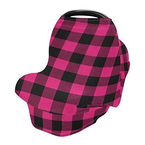 Qilmy Soft Baby Car Seat Cover & Stroller Canopy for Infants - Breathable Nursing Apron for Breastfeeding, Pink Buffalo Check Pattern | Perfect for Newborns, Outdoor Walks & Shopping Trips