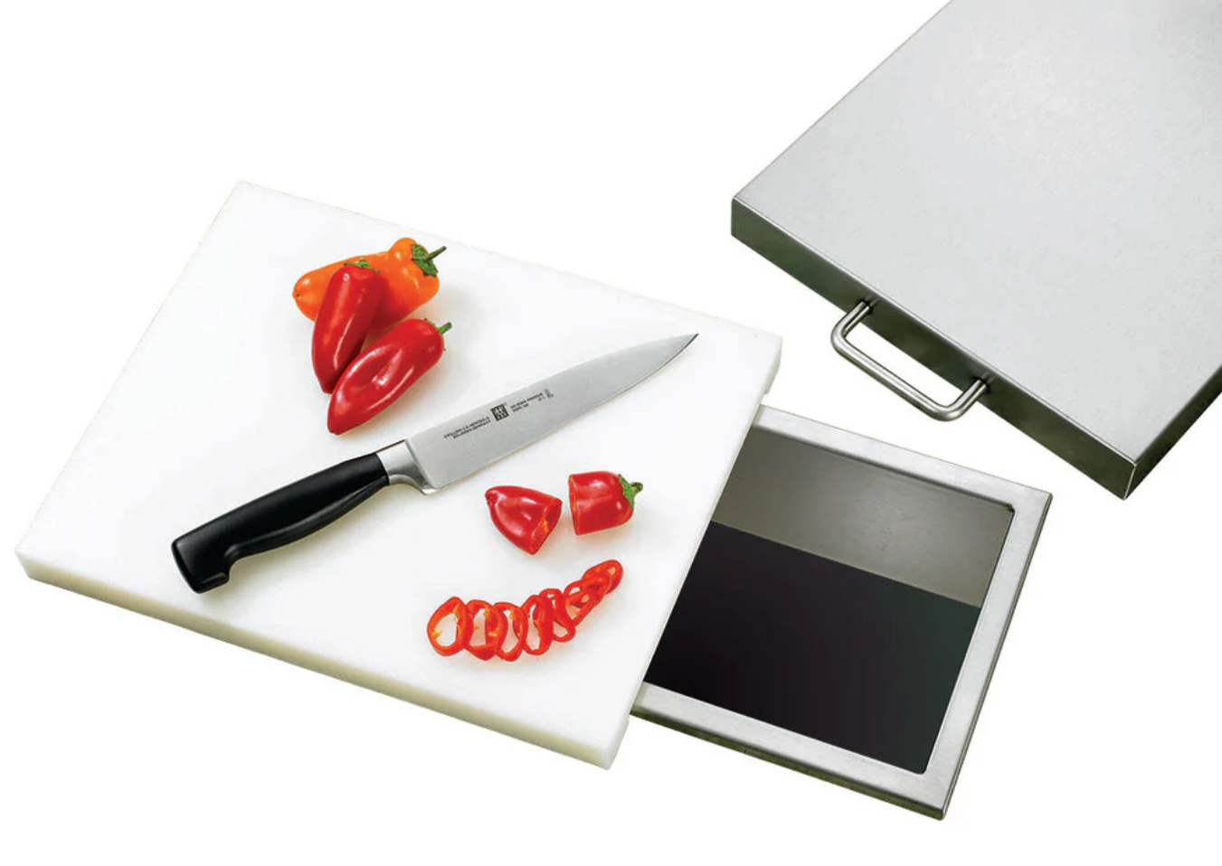 TrueFlame 14-Inch Stainless Steel Trash Chute with Built-in Cutting Board & Secure Lid - Perfect for Kitchen Waste Disposal & Food Prep Organization