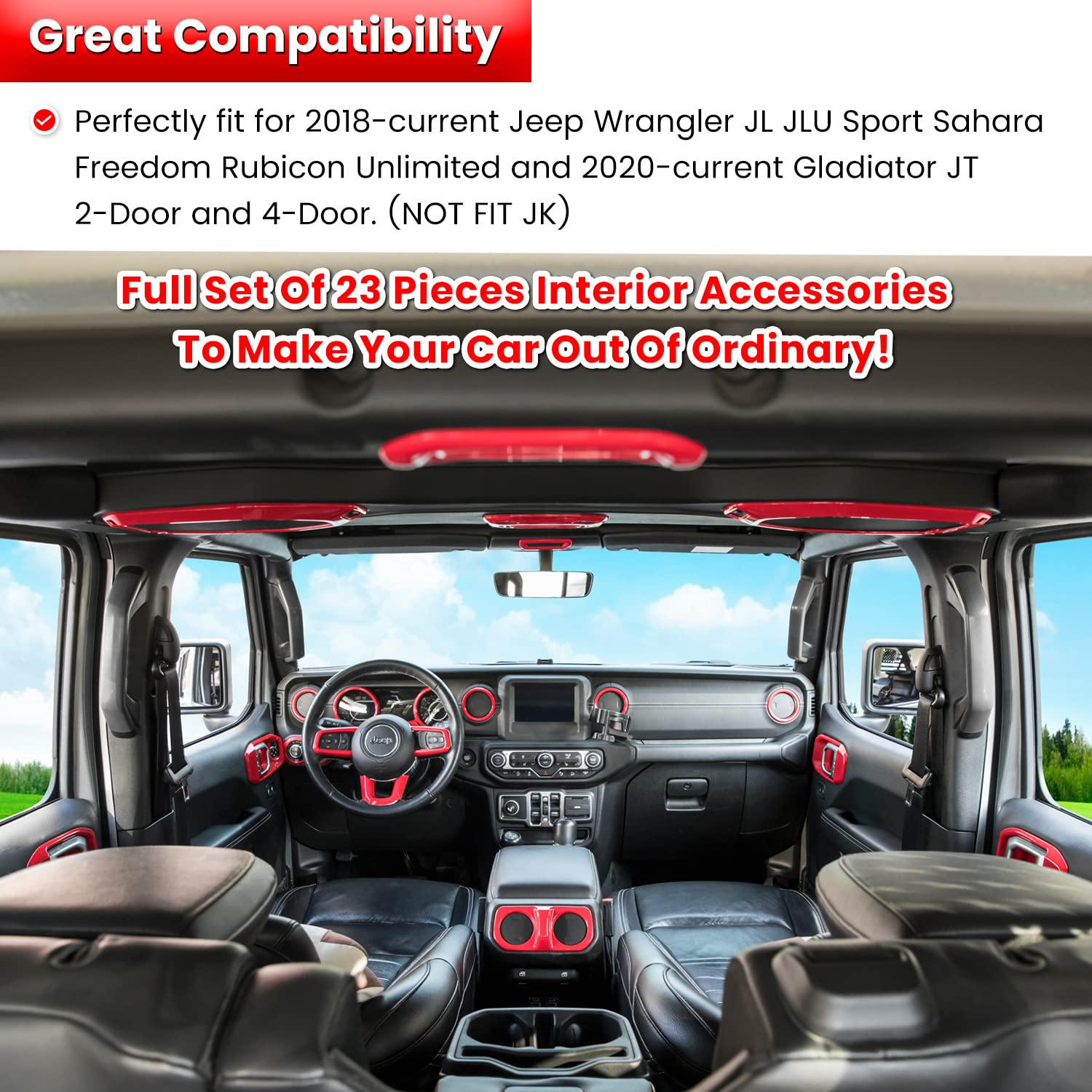 23PCS Full Interior Trim Kit for Jeep Wrangler JL JLU & Gladiator JT (2018-2023) - Steering Wheel, Door Handles, AC Vents, Cup Holders, Reading Lights, Headlight Switch Covers - Red Accent Upgrade - Perfect for Off-Road Enthusiasts & Custom Car Modifications