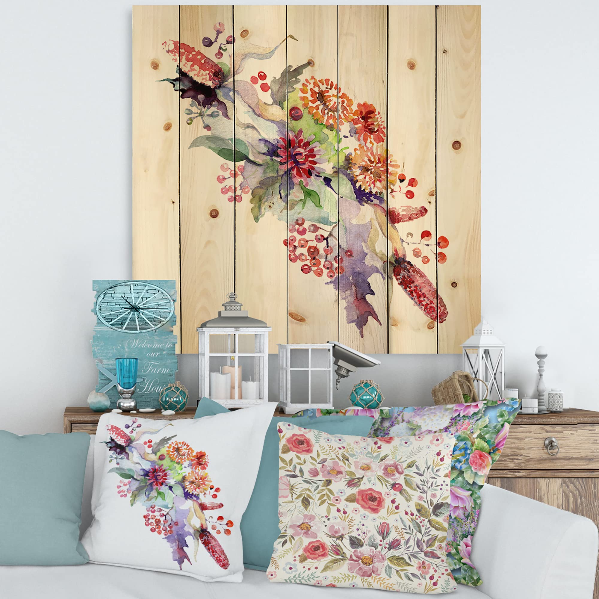 DesignQ Blue Floral Wood Wall Decor - Wildflowers & Berries Traditional Pine Wood Art Panel, Large Printed Wall Art for Living Room, Bedroom & Farmhouse Decor