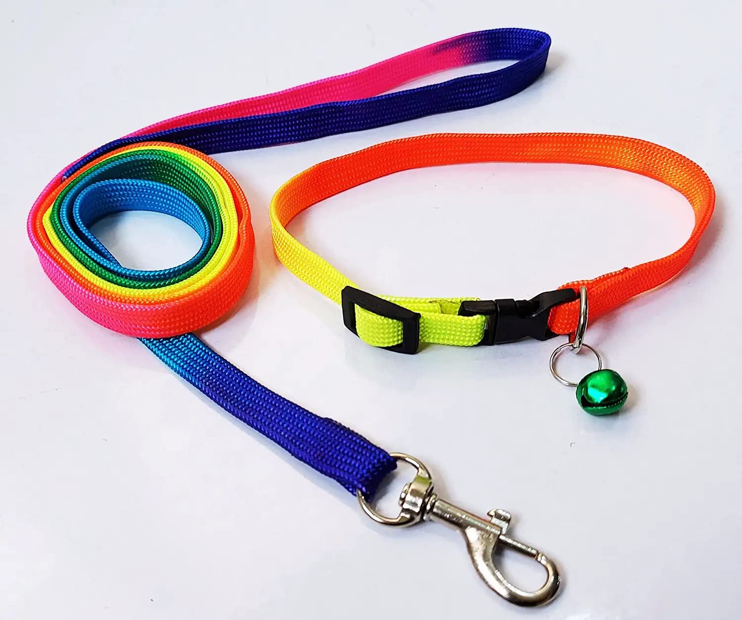 **Rainbow Adjustable Dog Collar & Leash Set with Bell - for Small, Medium Dogs & Puppies (7-12 Inch Neck) - Durable Pet Accessories for Walking, Training & Outdoor Adventures**