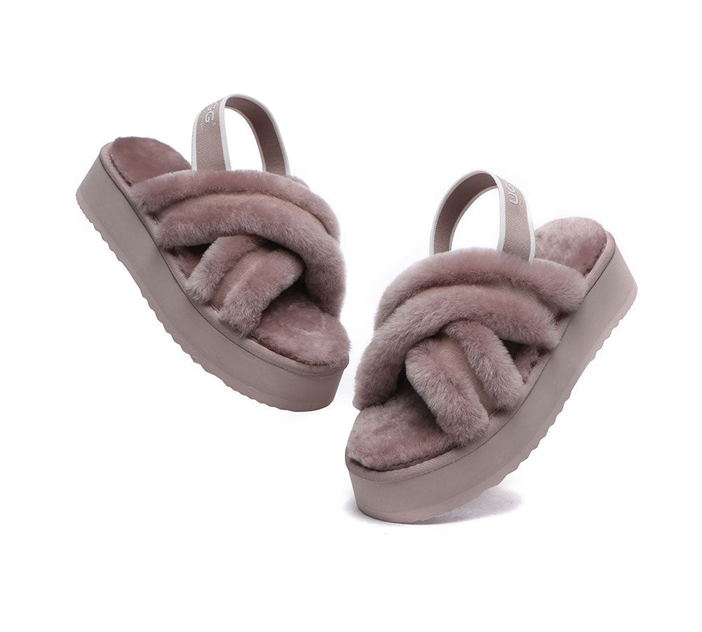 Australian Shepherd® UGG Women's Crossover Platform Fluffy Slides - Aditi | Cozy House Slippers for Women, Warm Winter Indoor/Outdoor Fuzzy Slides with Non-Slip Sole