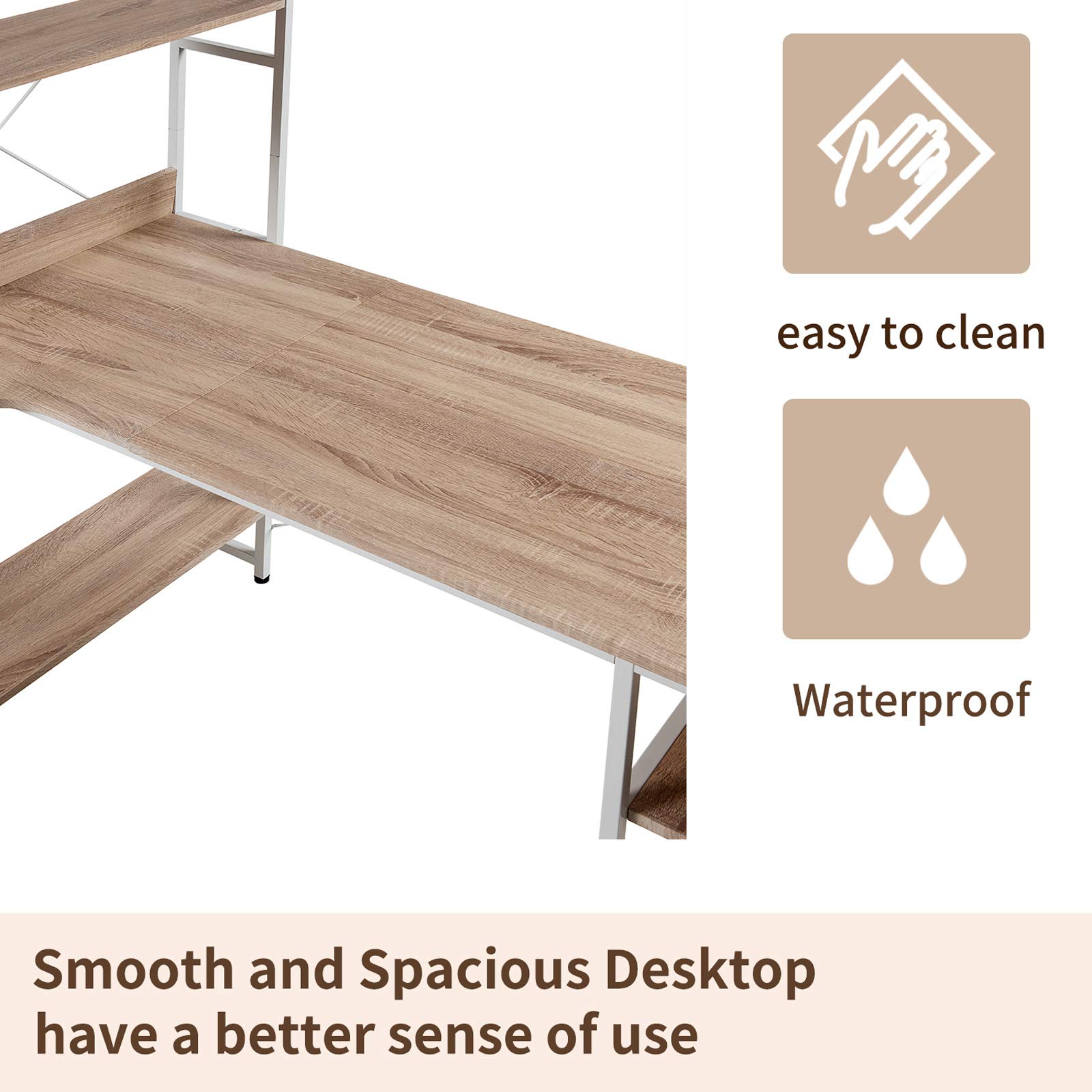 Modern Home Office Computer Desk with Metal Frame & MDF Board - 5-Tier Open Bookshelf for Maximum Storage Space (Oak Finish) - Perfect for Small Spaces, Dorm Rooms & Workstations