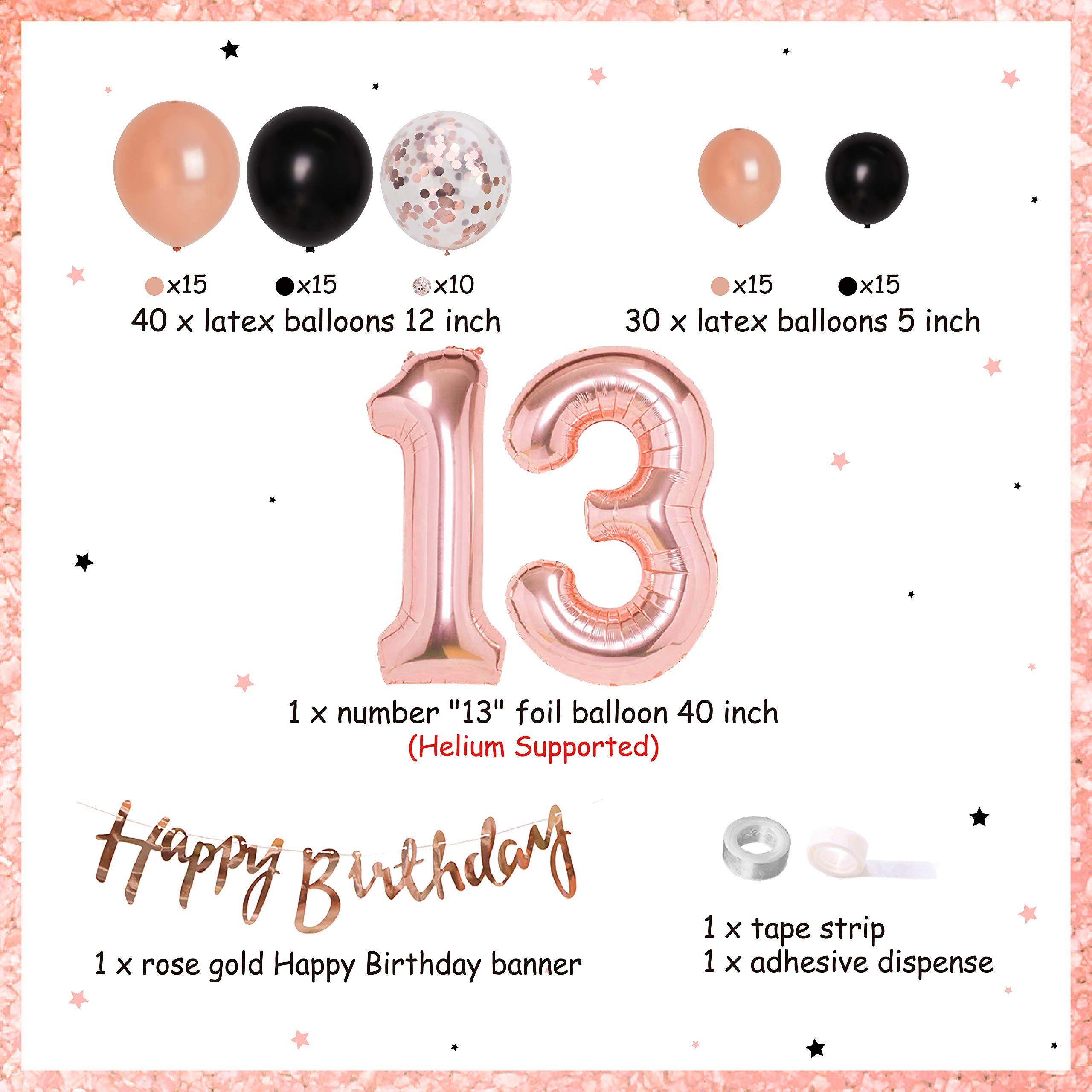 Rose Gold & Black 13th Birthday Decorations Set for Girls - Happy 13th Birthday Banner, Number 13 Sign, Confetti Balloons - Perfect for Teen Birthday Parties, Sweet 16 Prep & Milestone Celebrations