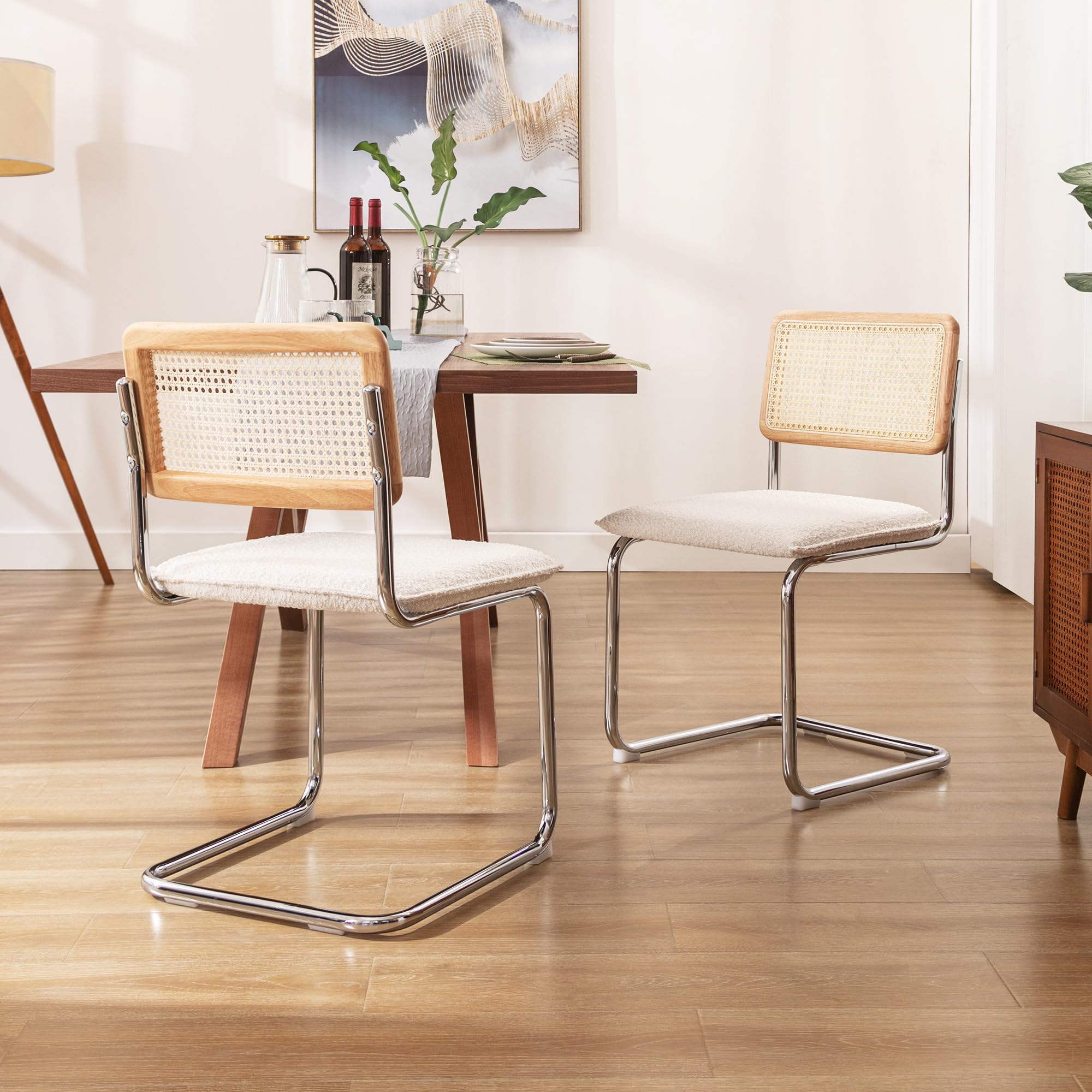 ONEVOG 4-Piece Rattan Dining Chairs Set - Woven Cane Backrest & Sturdy Metal Legs, Padded Seat for Comfort - Beige Patio, Kitchen, Living Room & Bedroom Furniture for Indoor/Outdoor Use