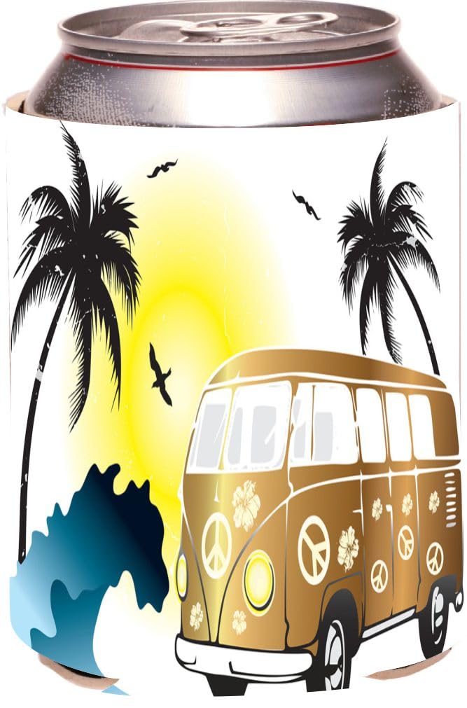 Vintage Gold Van on Beach Green Can Cooler - Insulated Beverage Holder for Beer & Soda - Perfect for Beach Parties, BBQs & Outdoor Adventures