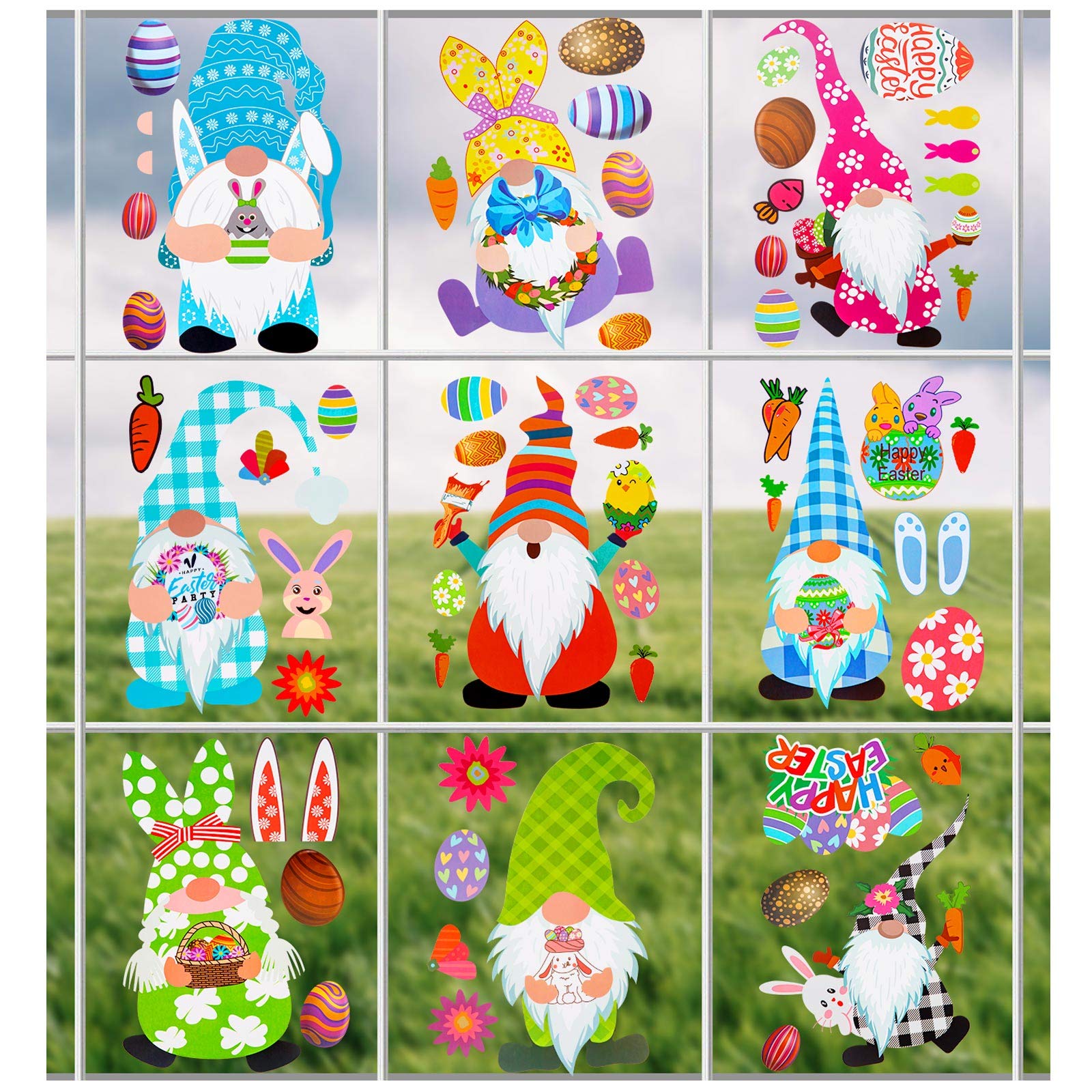 9 Sheets Easter Window Cling Stickers - Double Sided Gnome & Bunny Egg Decals for Glass Windows - Holiday Decorations for Kids, School, Home & Party Supplies - Perfect for Easter Celebrations, Classroom Activities & Festive Home Decor