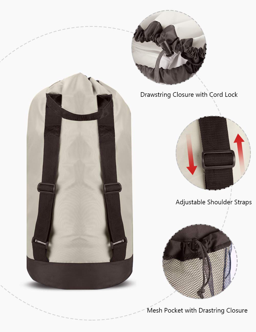 Dalykate Laundry Backpack with Shoulder Straps & Mesh Pocket - Durable Nylon Drawstring Clothes Hamper Bag for College Students, Travel, Laundromat & Apartment - Perfect for Dorm Room, Gym & Camping Trips