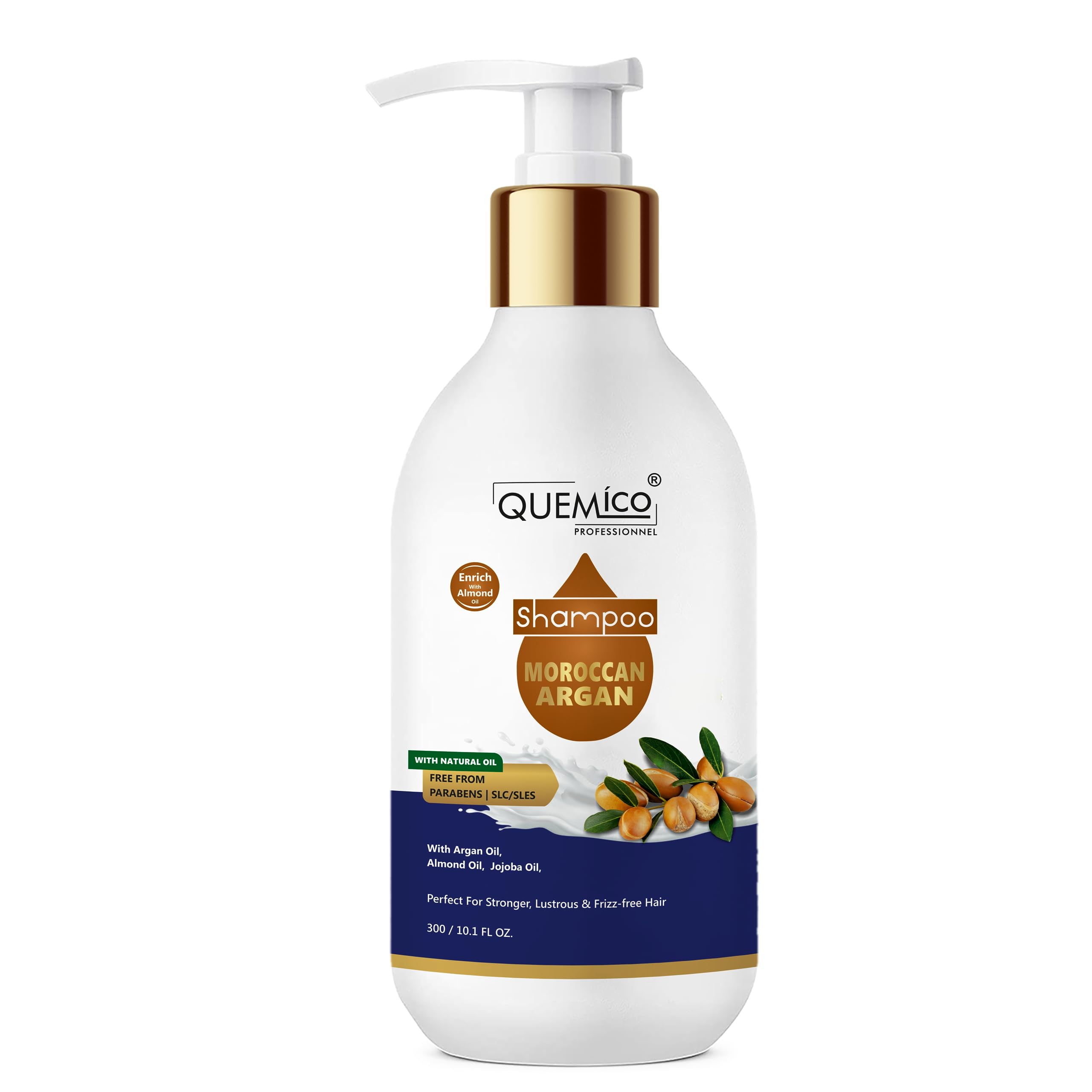Quemico Professional Moroccan Argan Oil Shampoo for Damaged Hair Repair - Sulfate Free, Paraben & Silicone Free - 300ml | Deep Hydration & Frizz Control for Dry, Brittle Hair | Perfect for Color-Treated & Chemically Processed Hair