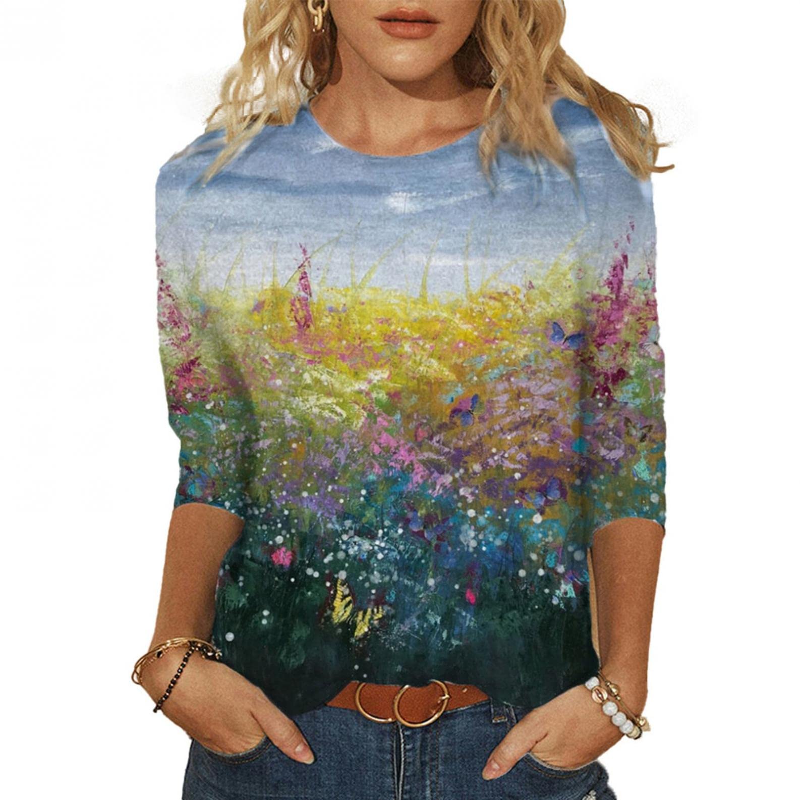 Women's Floral Print Crop Tops - Casual 3/4 Sleeve Tunic Blouses, Lightweight Loose Summer Tee Shirts in Sky Blue | Perfect for Beach Outfits, Vacation Wear & Everyday Casual Style