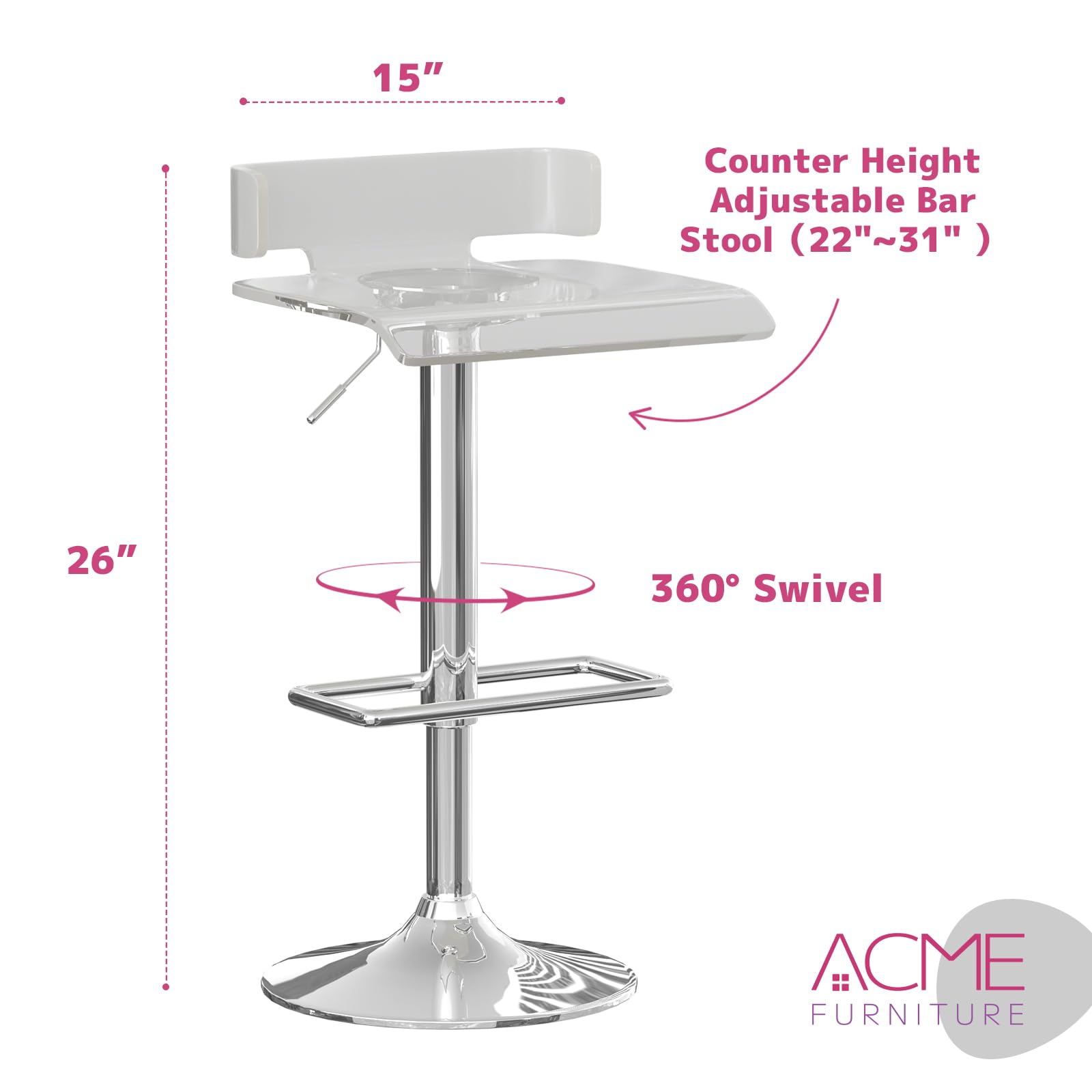 Acme Rania Adjustable Swivel Bar Stool - Clear Acrylic Modern Kitchen Counter Stool for Home Bar, Breakfast Nook & Dining Room
