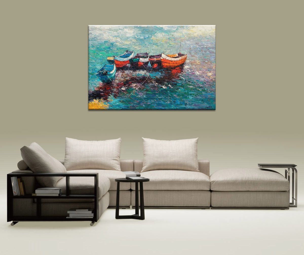 Oil Painting Seascape - Fishing Boat at Dawn Canvas Wall Art | Handmade Abstract Modern Original Large Artwork | Perfect for Living Room, Bedroom & Office Decor