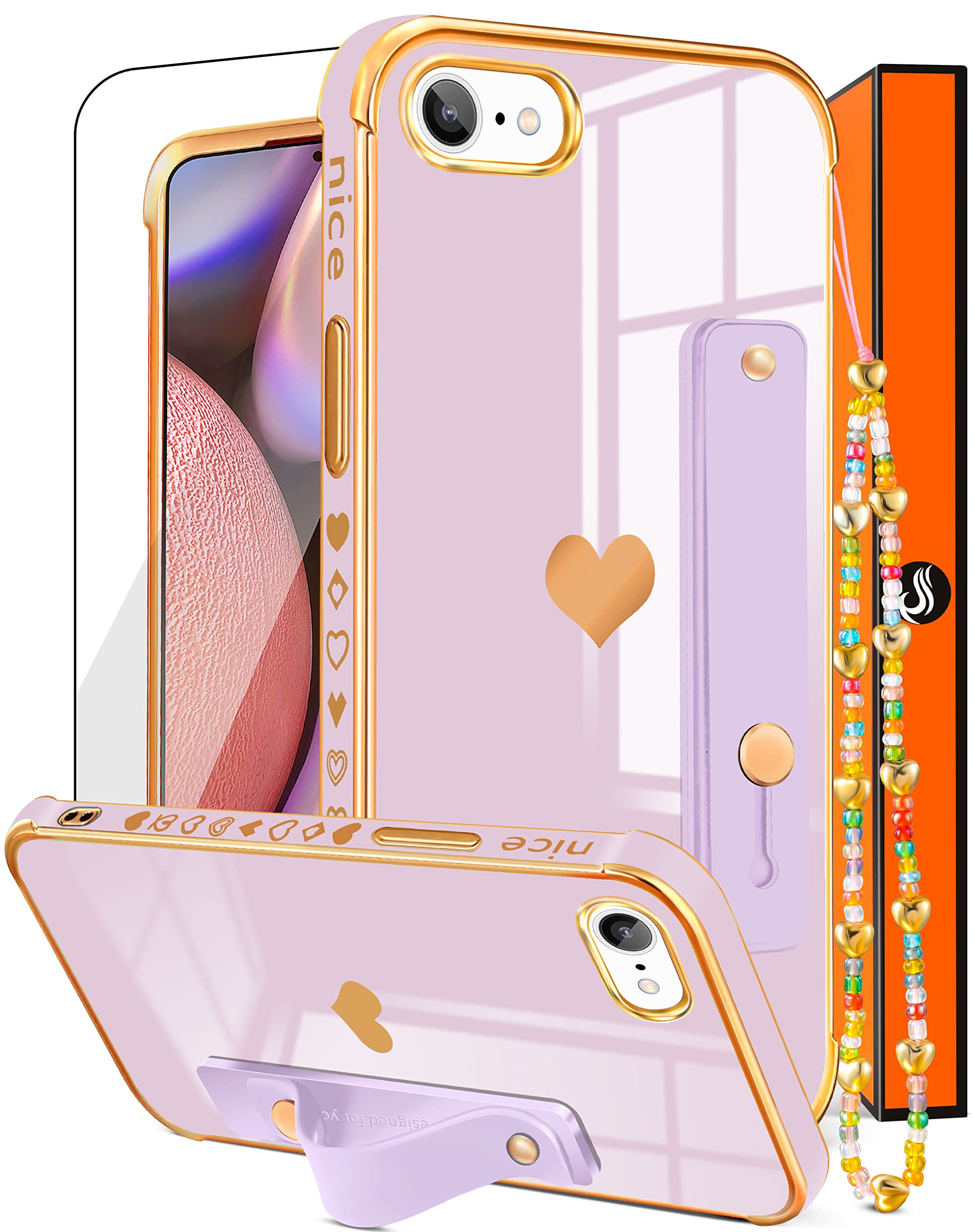Likiyami 3-in-1 iPhone SE 2022/2020/7/8 Case - Cute Girly Aesthetic Heart Design with Loop & Chain - Trendy Luxury Protective Cover for 4.7 inch - Perfect for Women & Girls (Purple Lavender) | Great for Everyday Use, Gift Giving & Fashion Accessories