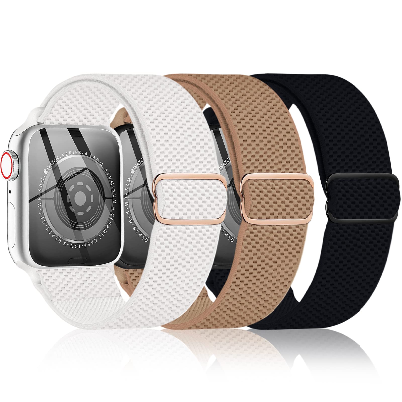 3 Pack Stretchy Nylon Apple Watch Bands - Compatible with 38mm 40mm 41mm iWatch Series 7/6/5/4/3/2/1/SE - Adjustable Sport Solo Loop Elastic Strap for Women & Men (Black/White/Brown) - Perfect for Workouts, Running & Everyday Wear