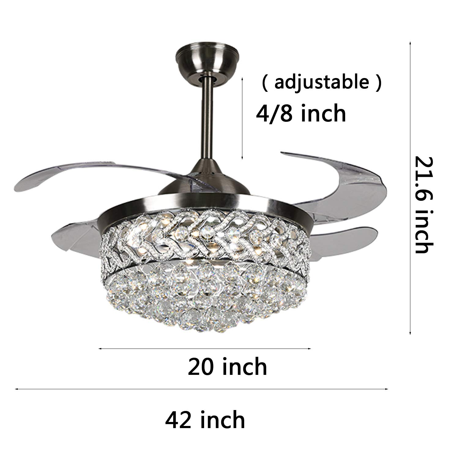 42 Inch Modern Silver LED Ceiling Fan Chandelier with Crystal, Remote Control & Dimmable Lights - Silent Retractable Invisible Fan for Dining Room, Living Room & Bedroom