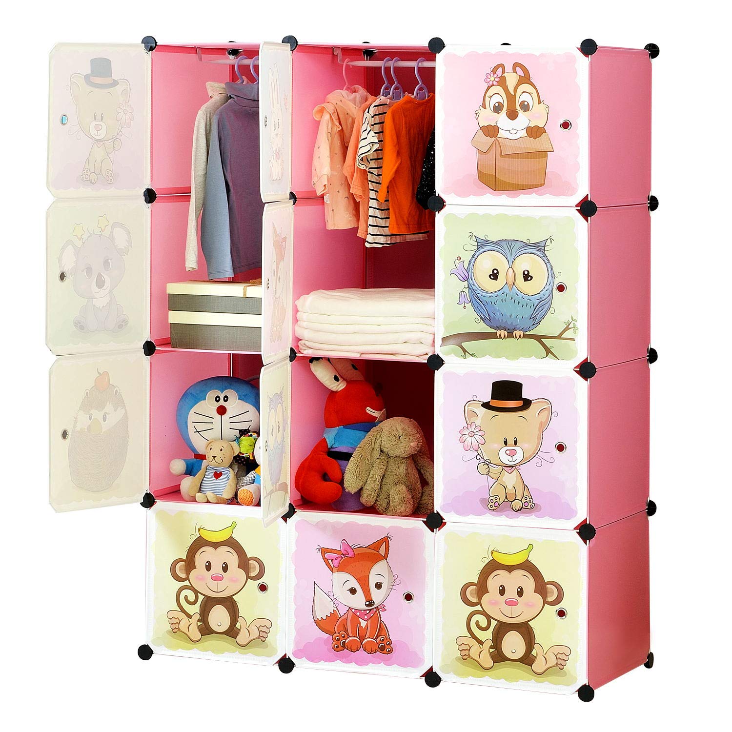 Portable Kids Closet Organizer - 8-Cube & 2-Hanging Section DIY Storage Wardrobe for Children | 30% Deeper Space, Sturdy & Safe Pink Clothes Storage | Perfect for Bedroom, Nursery, and Playroom Organization