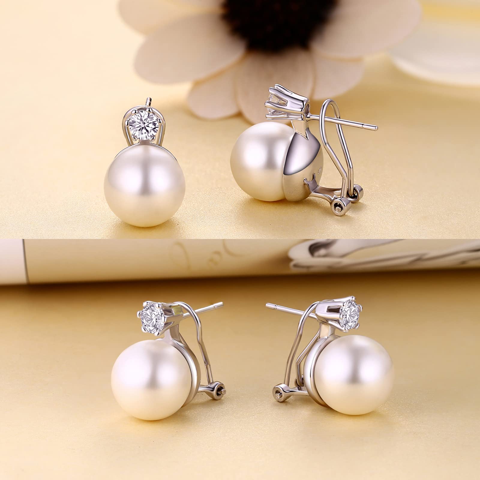 925 Sterling Silver Platinum-Plated Pearl Stud Earrings for Women - 12MM Diamond Accent Dangle Pearl Jewelry | Perfect for Weddings, Parties & Gift Giving