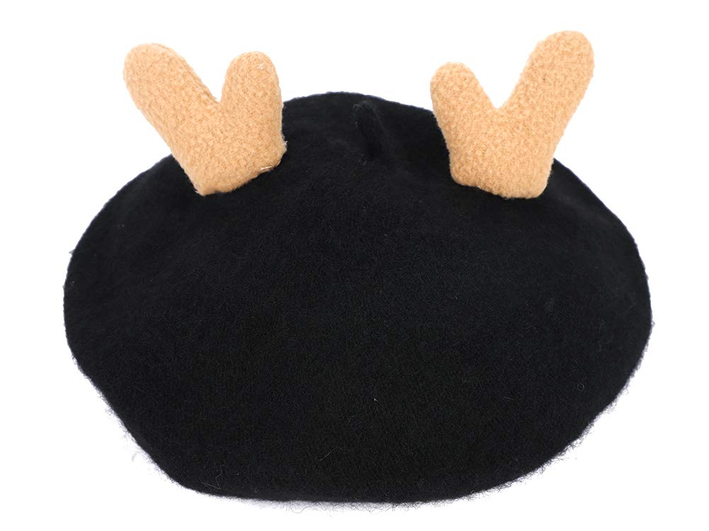 ITODA Girls Christmas Wool Beret Hat - Winter French Artist Cap with Antlers - Warm Knitted Headwear for Kids in Pink & Grey - Perfect for Holiday Photos, Winter Outfits & Christmas Parties