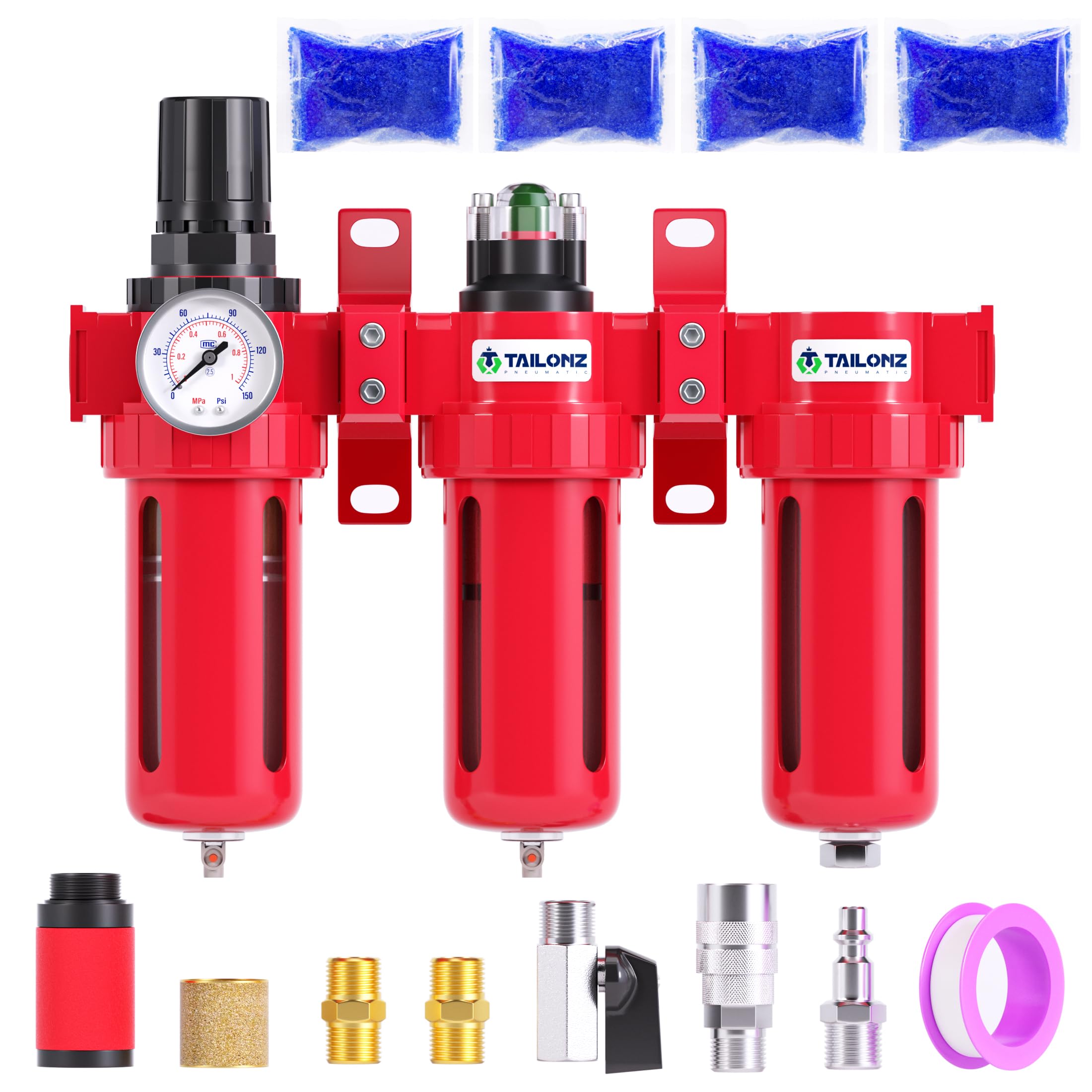 TAILONZ PNEUMATIC 0-150PSI 1/4 Inch NPT Aluminum Alloy Industrial Grade Three Stage Air Drying System with Particulate Filter, Coalescing Filter & Desiccant Dryer - Air Regulator for Compressed Air (Manual Drainage) - Perfect for Automotive, Manufacturing & Industrial Applications