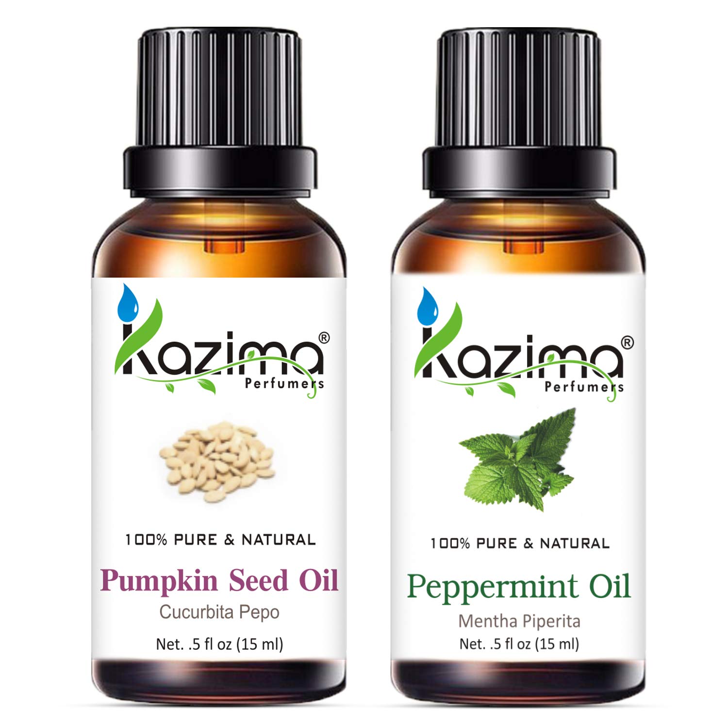 KAZIMA Pumpkin Seed Carrier Oil & Peppermint Essential Oil Set - 15ml Each for Hair Growth, Scalp Care & Skin Hydration | Natural Aromatherapy for Relaxation & Massage | Perfect for DIY Beauty, Spa Treatments & Home Wellness