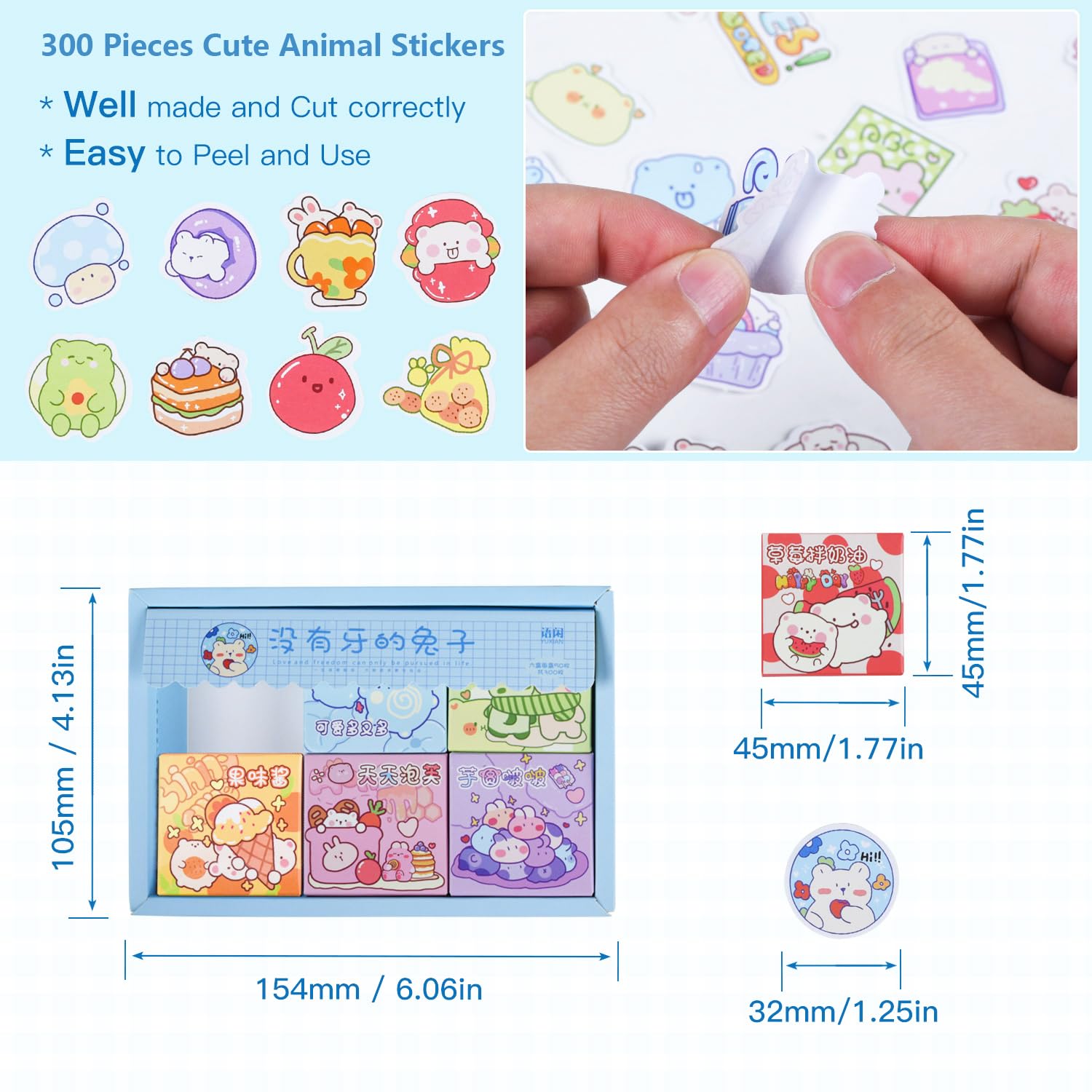300-Piece Cute Kawaii Cartoon Animal Stickers for Kids - Small Size Korean Scrapbook Decals - DIY Photo Album, Planner, Notebook, Gift Card, Dairy, Suitcase, Laptop & Phone Case Decorations - Perfect for School Projects, Journaling & Crafting